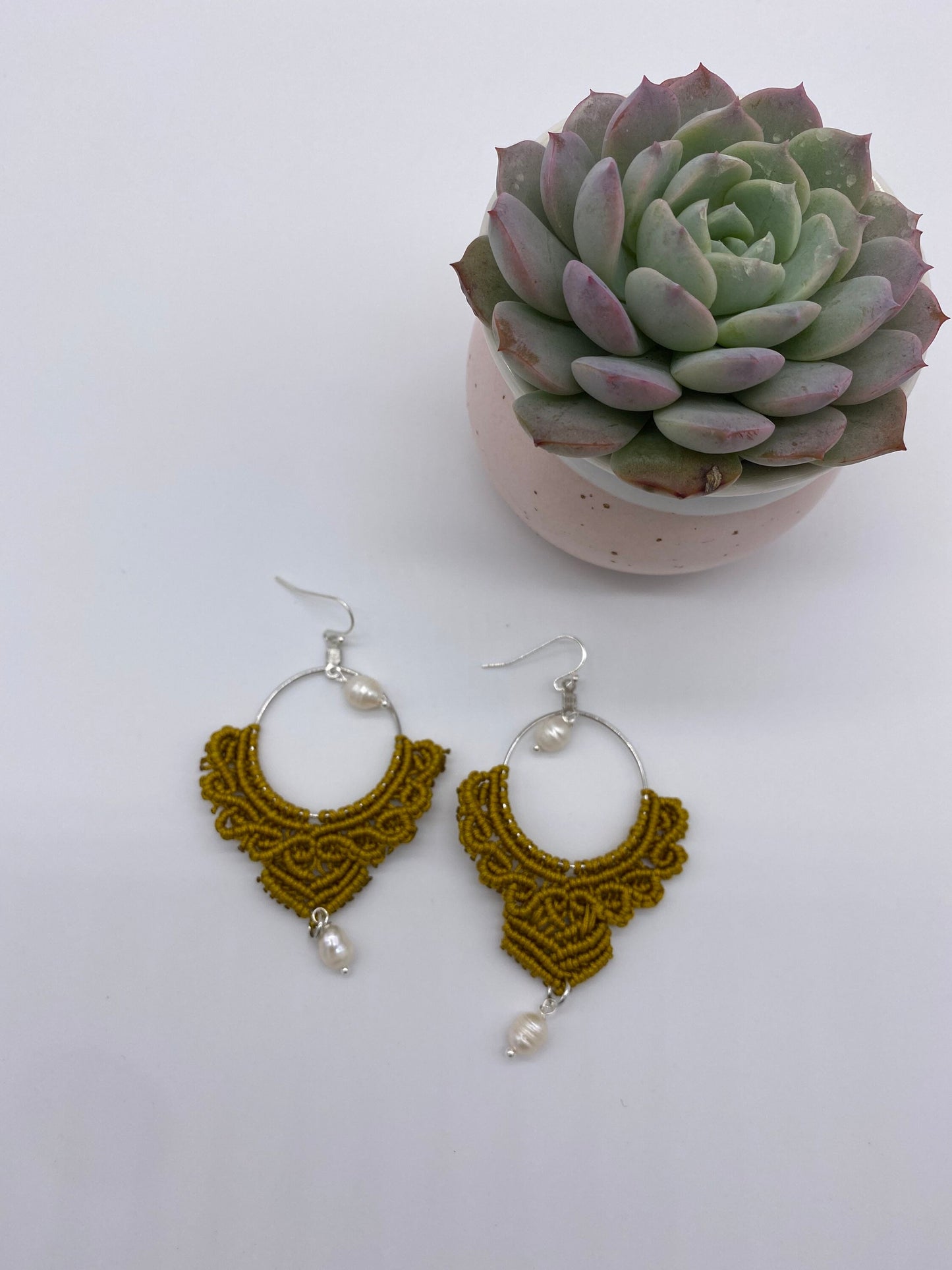 Gold Macrame Dangle Earrings: Bohemian Tribal Jewelry