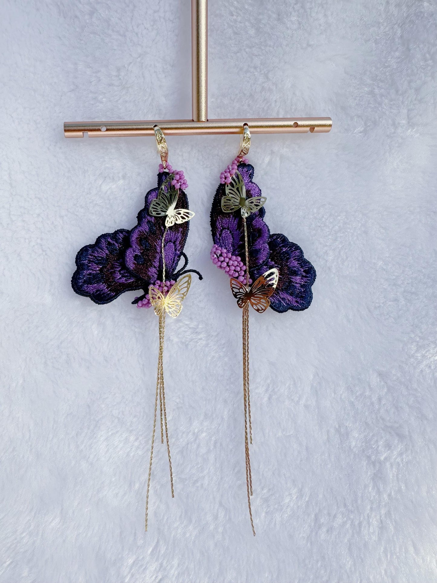 Embroidery Butterfly Dangle Earrings: Gold Plated Hooks, Purple