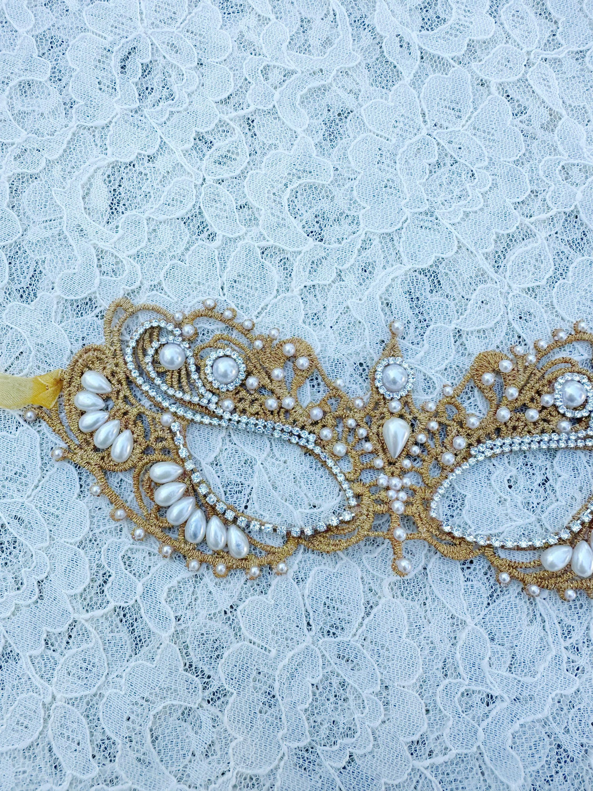 Gold color Lace Masquerade Mask, Embroidered Party Mask with white Resin beads and rhinestone, party mask
