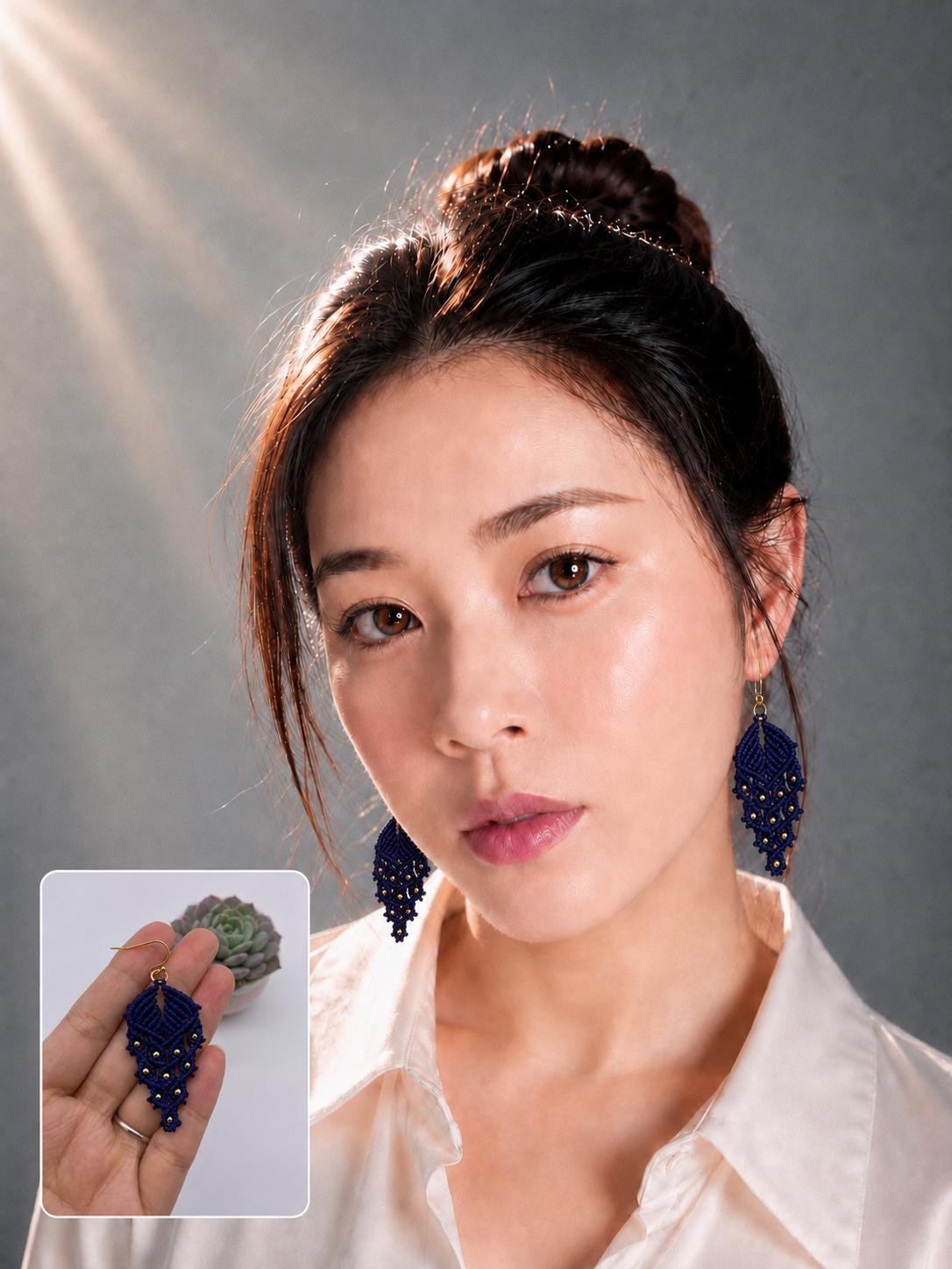 Navy Macrame Dangle Earrings: Bohemian Tribal Jewelry