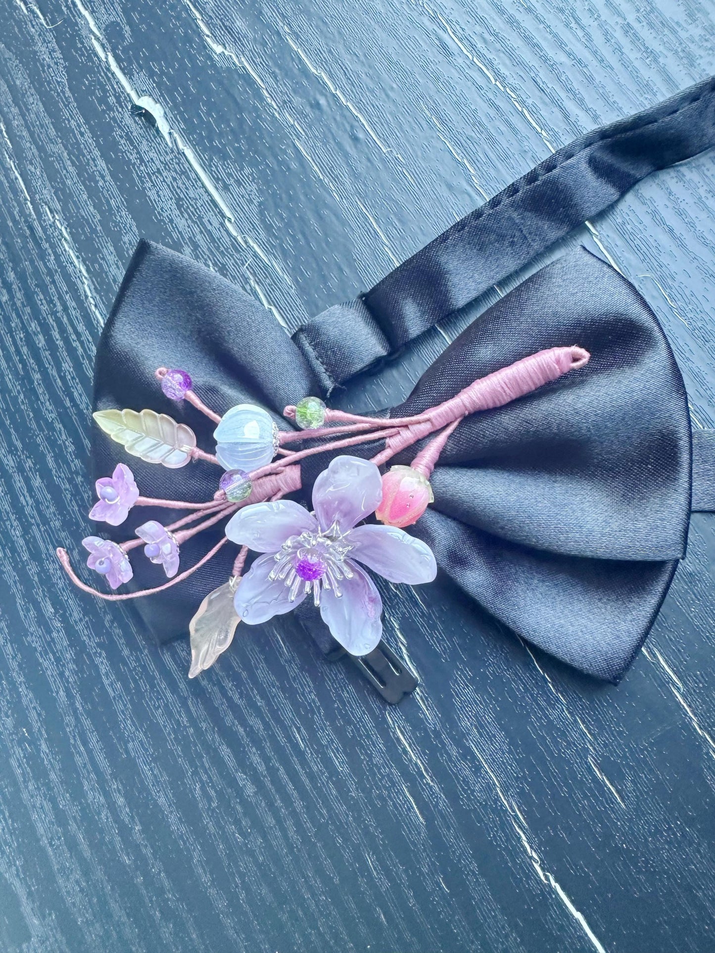 Handmade Bow Tie for women Men,Boys – Black Satin Bow Tie with Purple flower Blossom Branch – Asian Inspired Wedding Formal Accessory