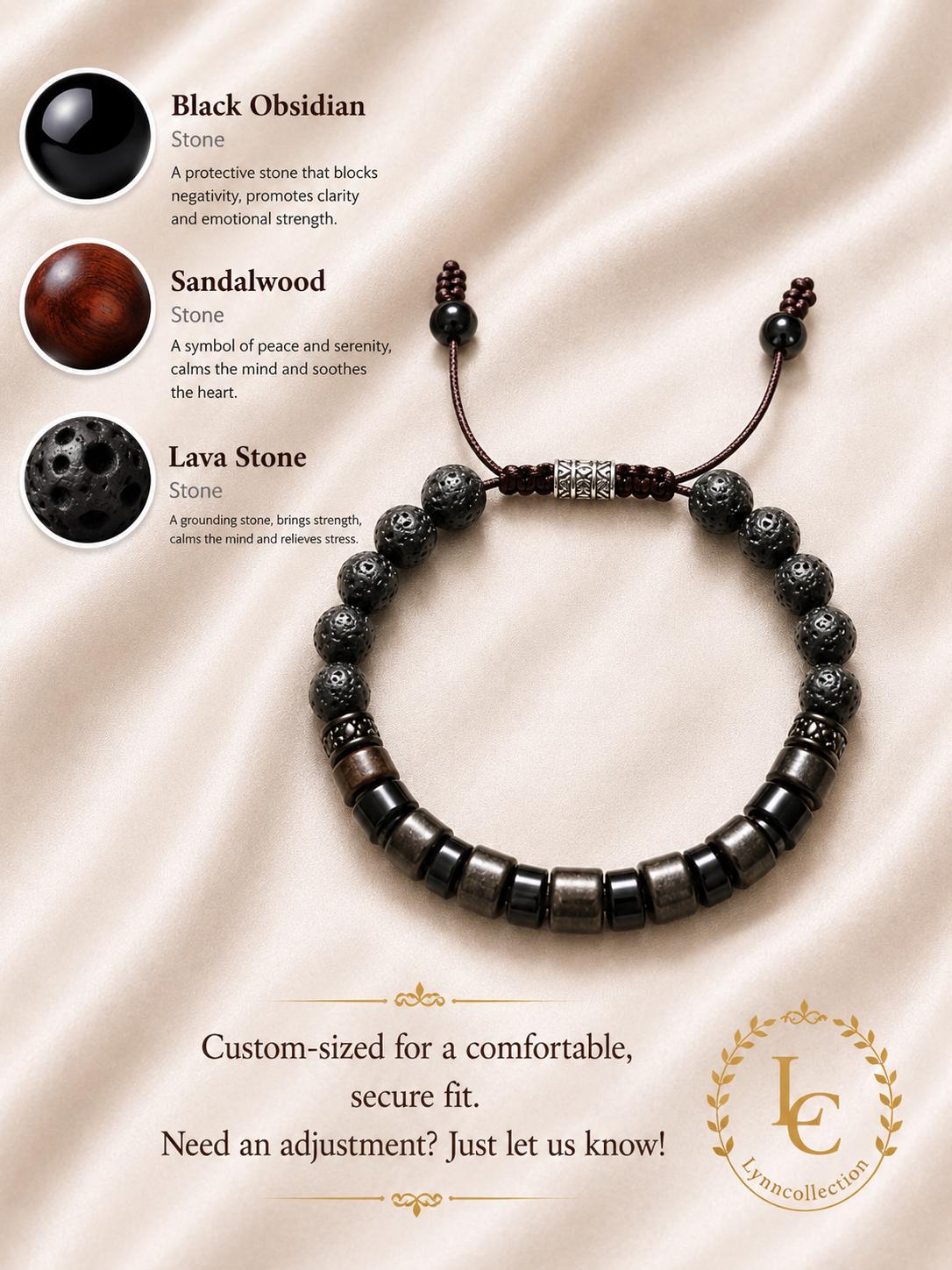 Lava Stone Beaded Bracelet for Him And Her– Black Obsidian, Lava Stone, Natural Ebony Wood, Beads Size: 6mm, Adjustable Length