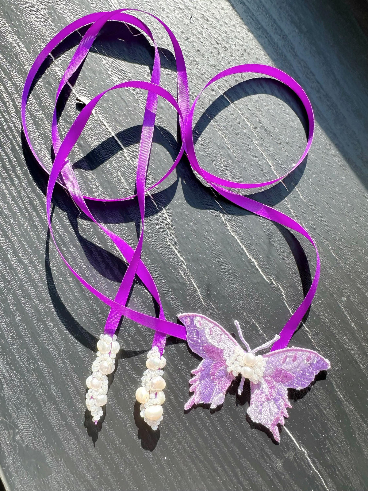 Handmade Choker featuring delicate hand-stitched embroidery of purple color butterfly, adorned with freshwater pearls and glass seed beads