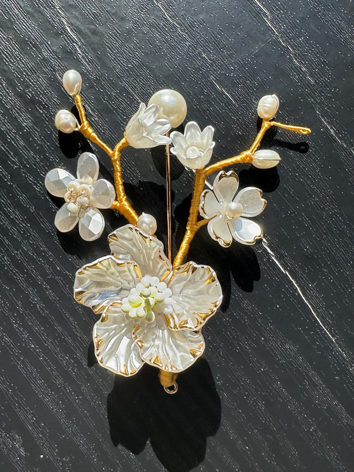Handmade  brooch,  white color acrylic beads and freshwater pearls with gold color silk thread