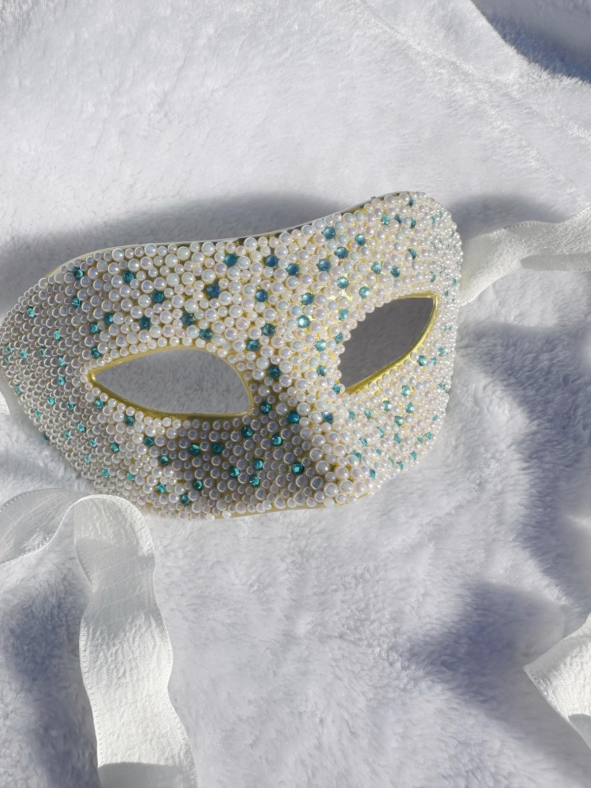 White Masquerade Mask with blue butterfly Venetian Style Mardi Gras Ball