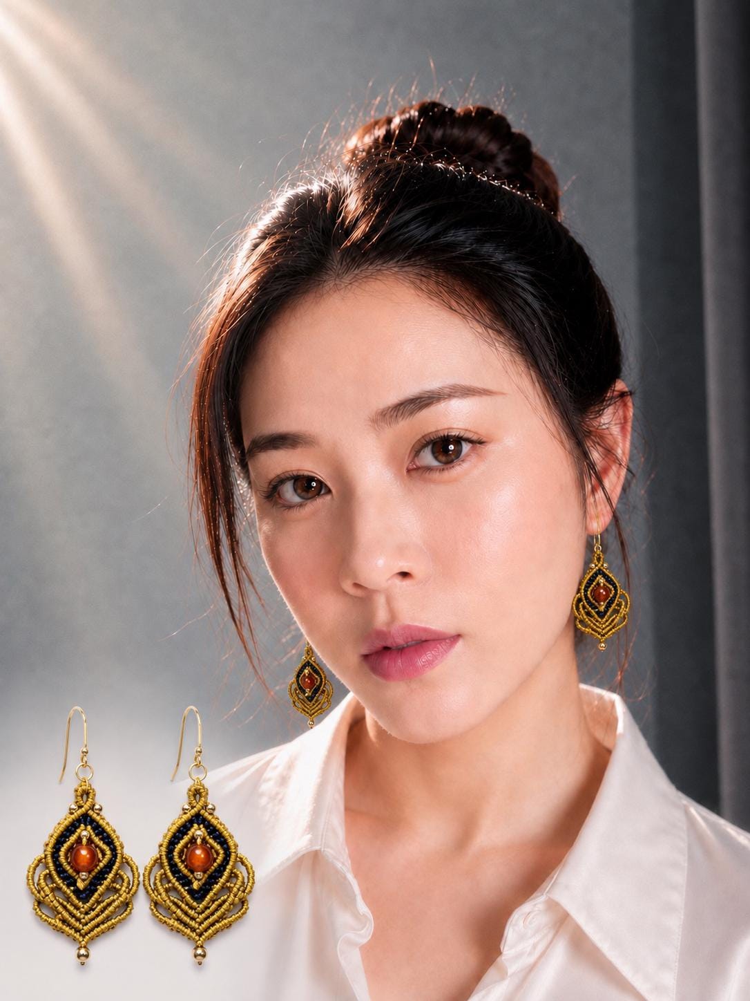 Handmade Macrame Dangle Earrings: Bohemian Gold Plated Hooks