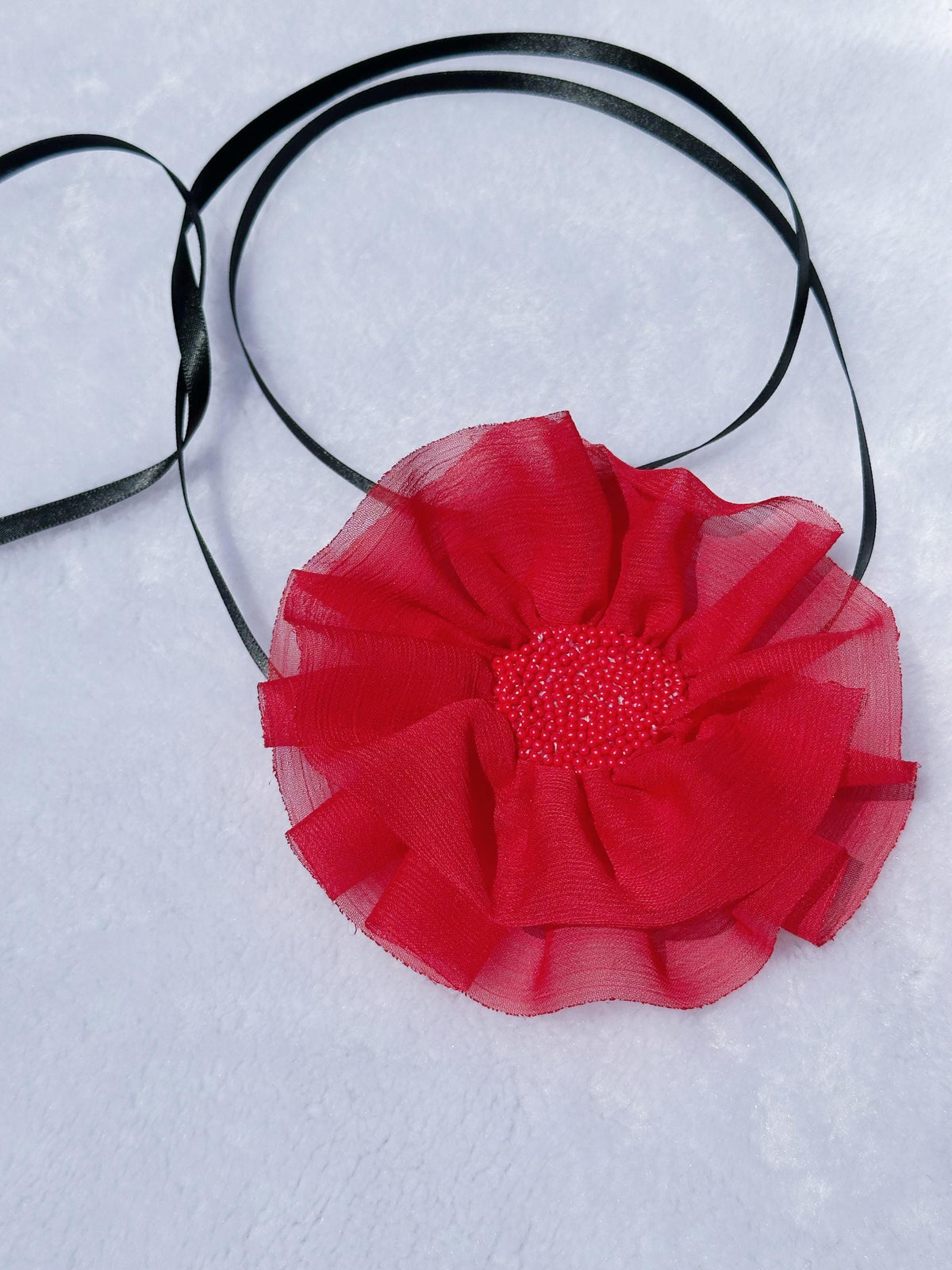 Handmade Red Ribbon Flower Choker, Vintage Necklace