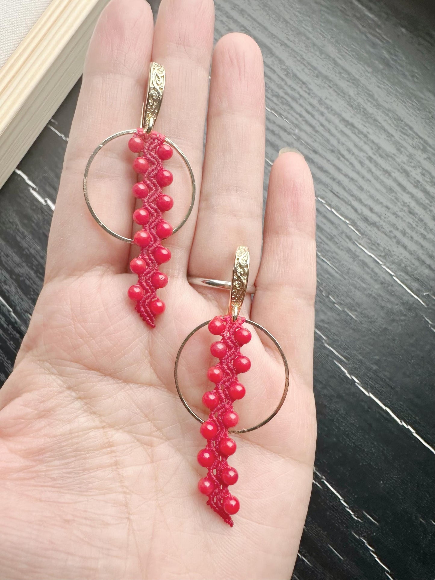 Red Coral Macrame Earrings, Gold Plated, Handmade Crochet