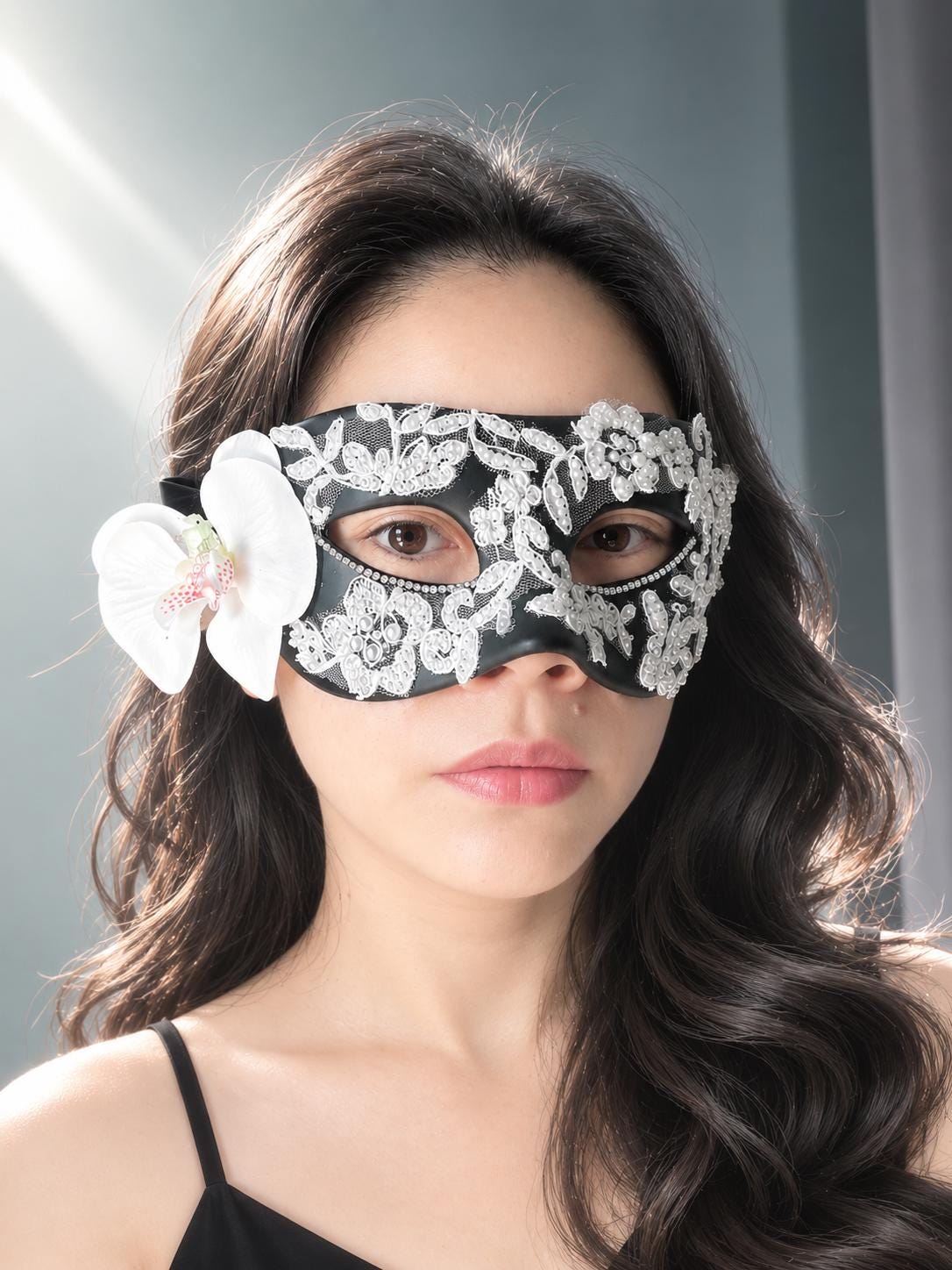 Lace Masquerade Mask: White Orchid with black Venetian Mask and white lace, Mardi Gras Ball (3.15"x7")