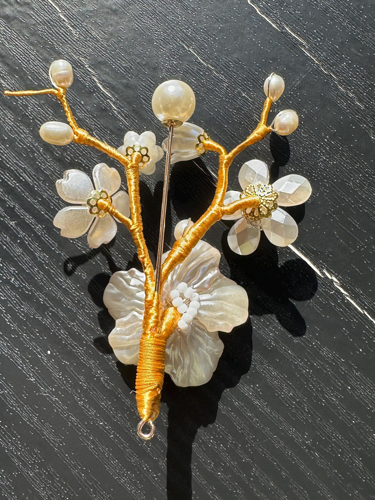 Handmade  brooch,  white color acrylic beads and freshwater pearls with gold color silk thread