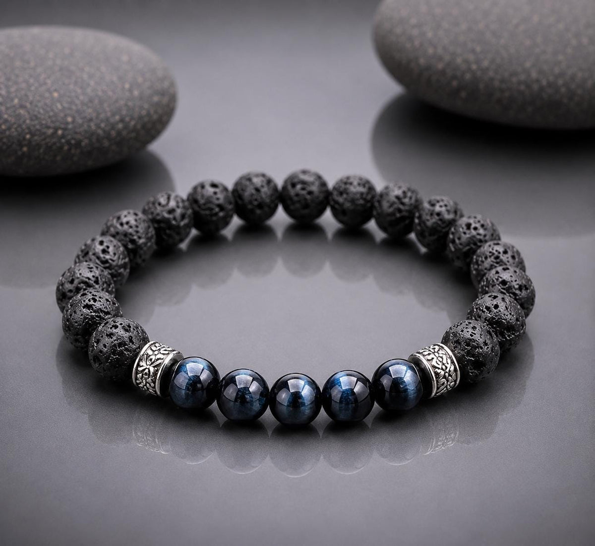 Lava Stone Beaded Bracelet with Blue Tiger's Eye , Black Volcanic Stone Stretch Bracelet - Gemstone Bracelet for HIM AND HER.