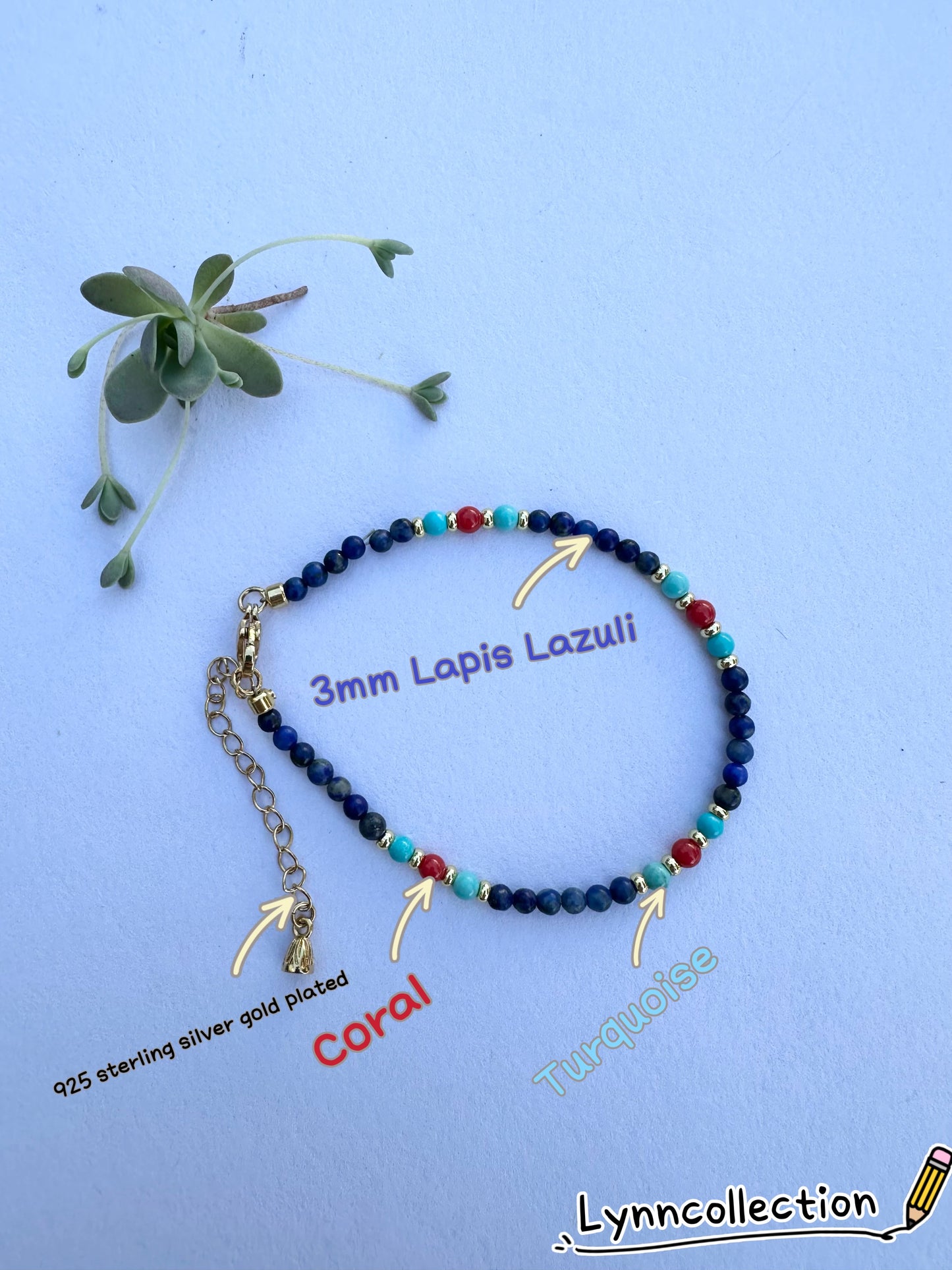 925 Sterling Silver gold plated with 3mm  Lapis Lazuli handmade bracelet