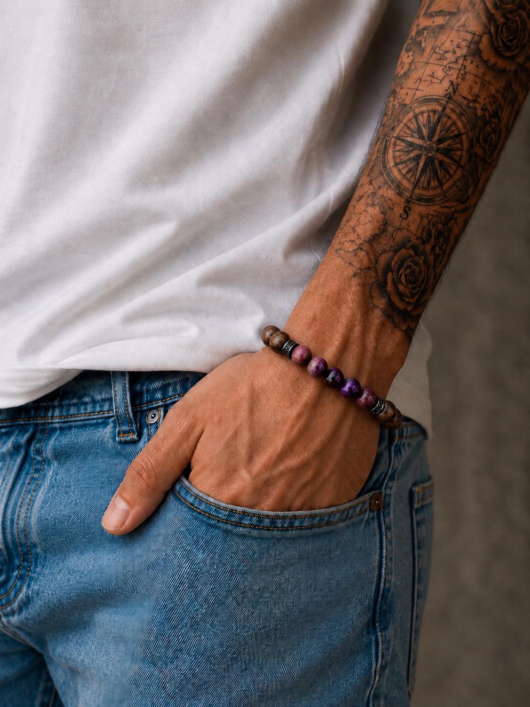 Bracelet for HIM AND HER, Made it with 8mm Sandalwoods and 8mm Purple Tiger’s Eye, Adjustable knotted cord