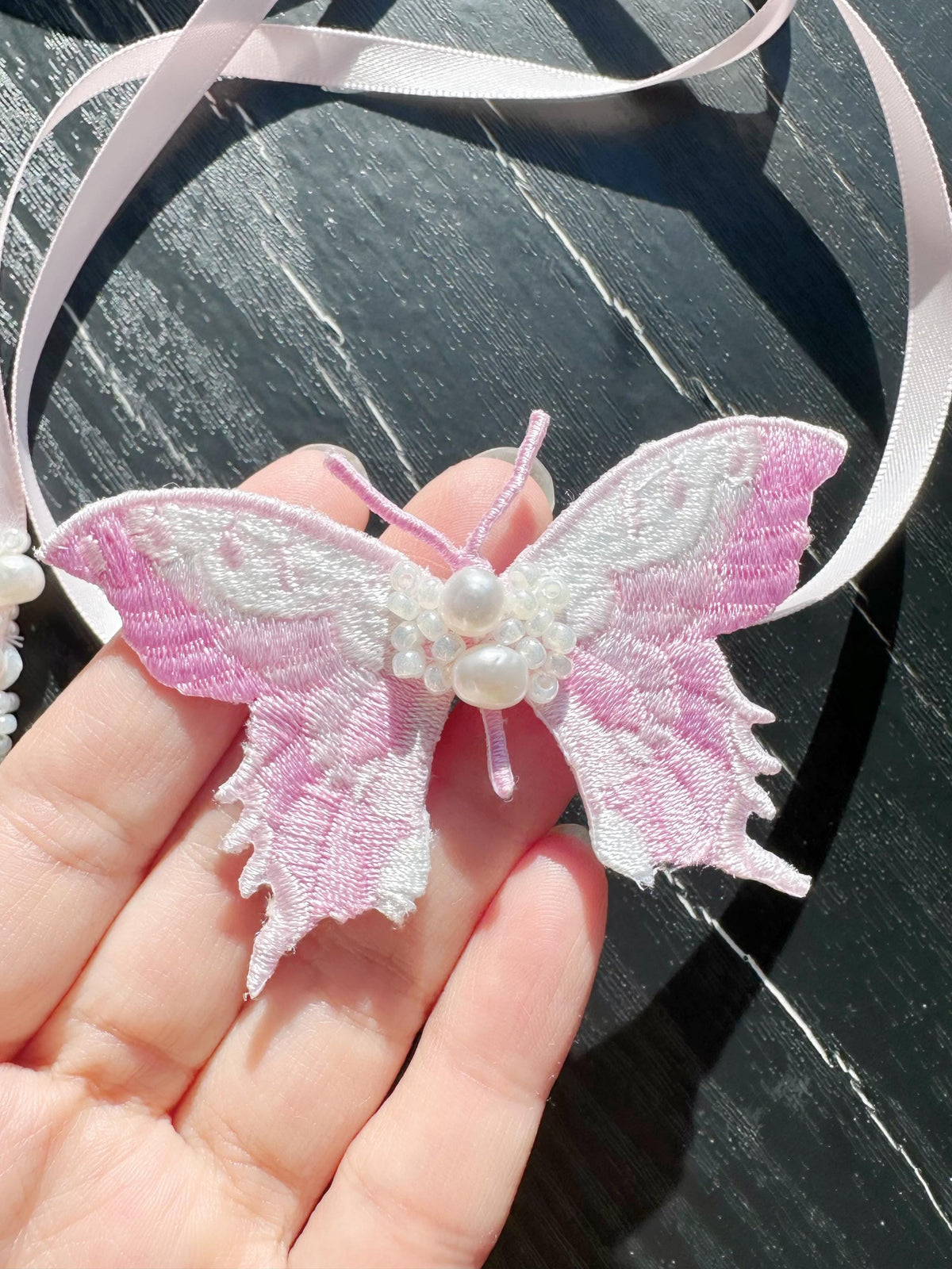 Handmade Choker featuring delicate hand-stitched embroidery of pink color butterfly, adorned with freshwater pearls and glass seed beads
