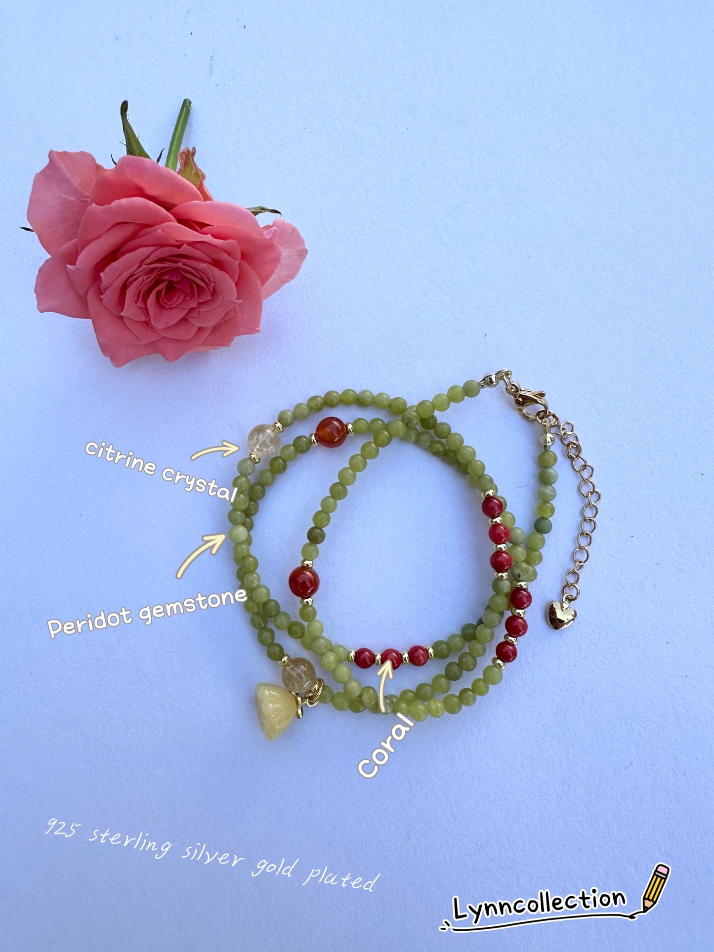 925 Sterling Silver gold plated with main stone 3mm Peridot gemstone, Coral, citrine crystal , made three row bracelet and 18inch length necklace ( two in one)