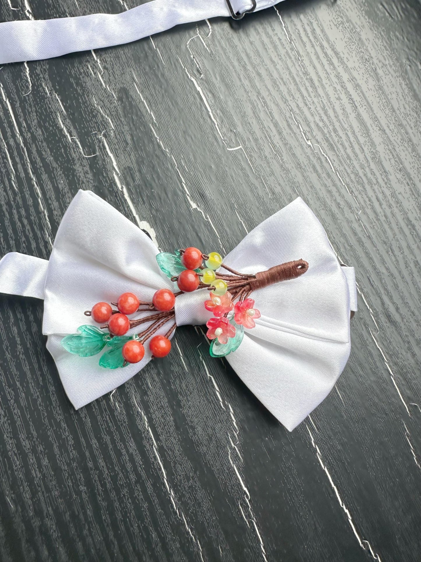 Handmade Bow Tie for women Men,Boys – White Satin Bow Tie with Red Coral beads made Cherry Branch – Asian Inspired Wedding Formal Accessory