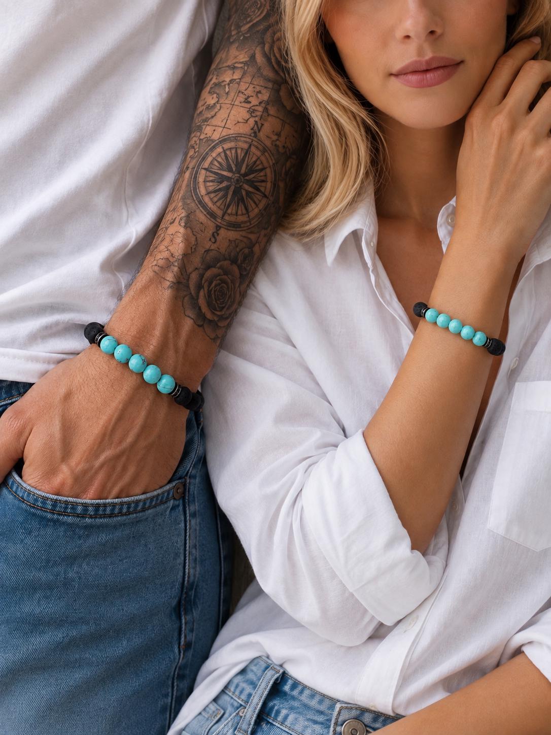 Gemstone Bracelet for HIM OR HER. Black Lava Stone & turquoise Bracelet ,Adjustable Natural Gemstone Bracelet