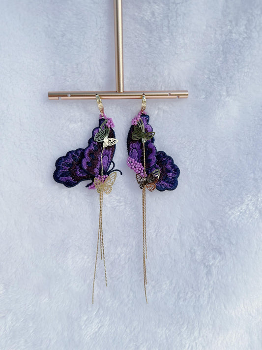 Embroidery Butterfly Dangle Earrings: Gold Plated Hooks, Purple