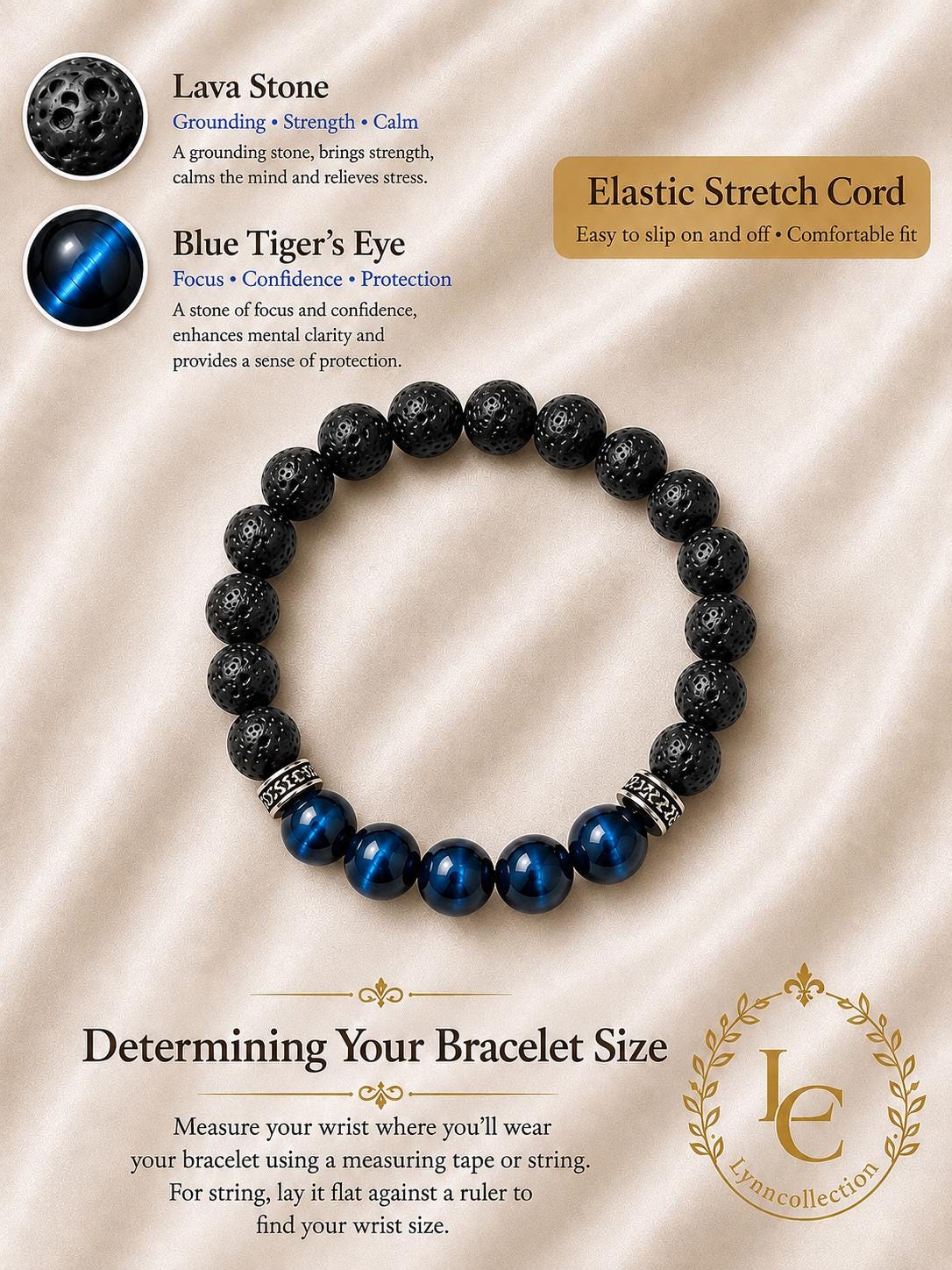 Lava Stone Beaded Bracelet with Blue Tiger's Eye , Black Volcanic Stone Stretch Bracelet - Gemstone Bracelet for HIM AND HER.