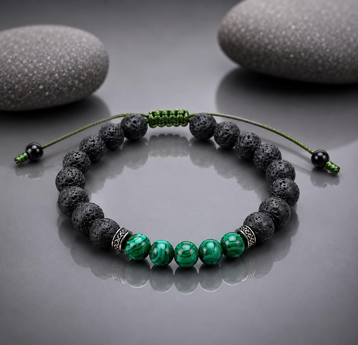 Gemstone Bracelet for HIM OR HER. Black Lava Stone & Malachite Bracelet ,Adjustable Natural Gemstone Bracelet