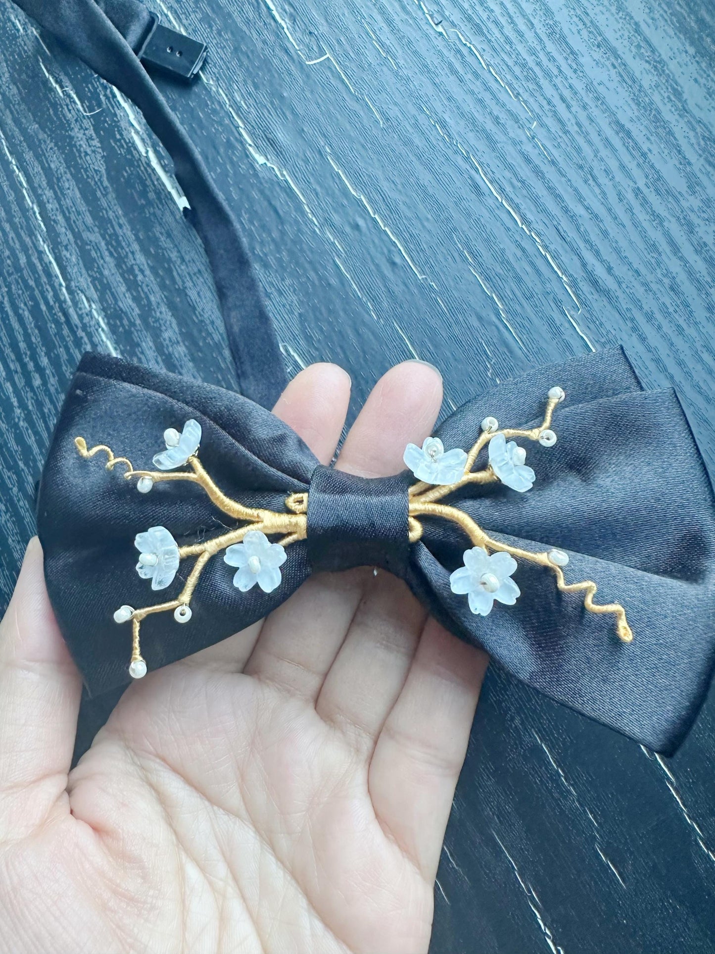 Handmade Bow Tie for women Men,Boys – Black Satin Bow Tie with white color Cherry Blossom Branch – Asian Inspired Wedding Formal Accessory