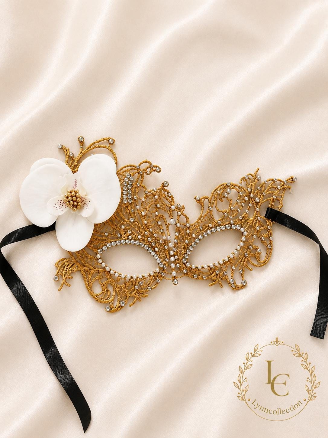 Lace Rhinestone Masquerade Mask, Gold Orchid Flower