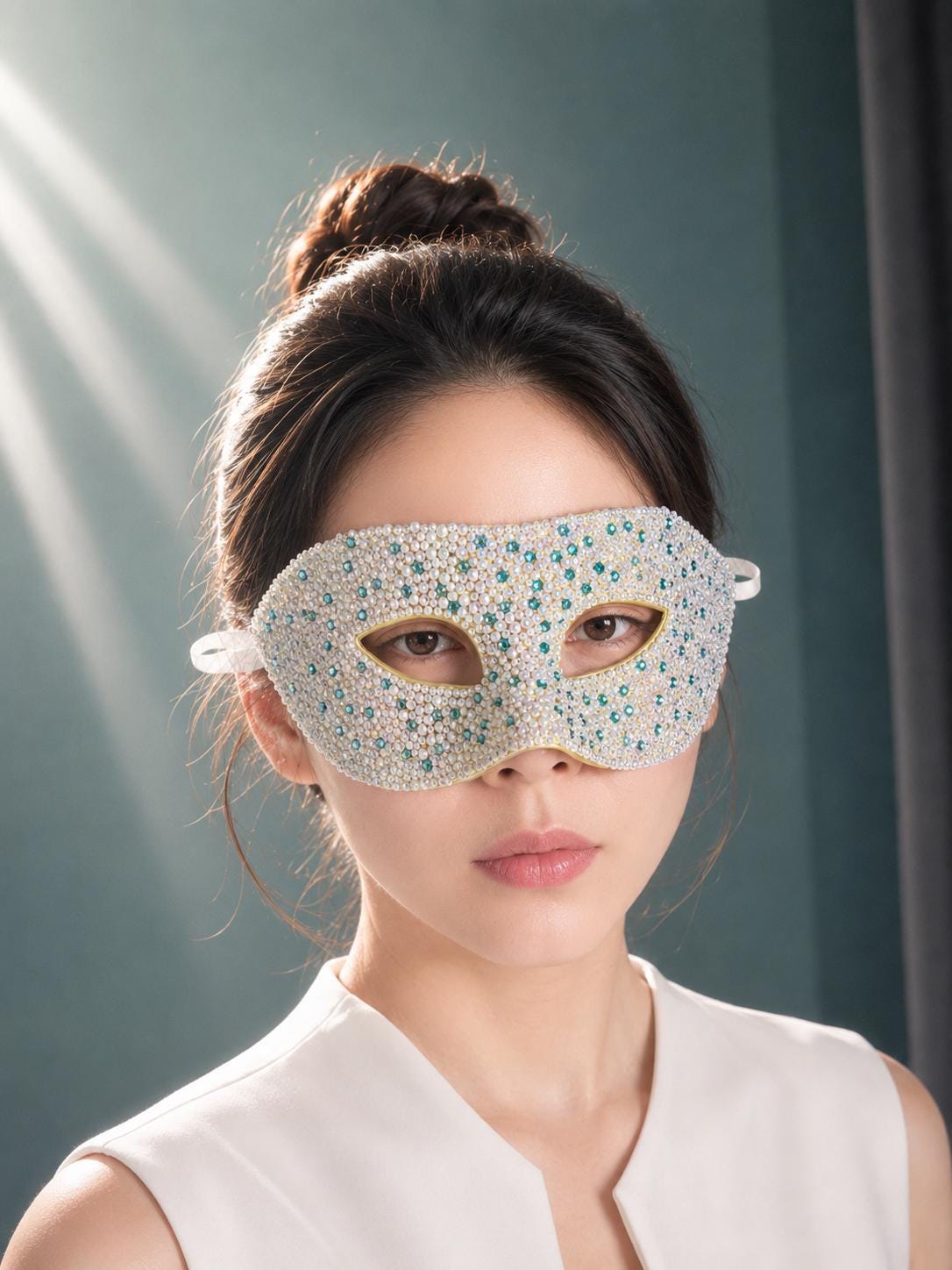 White Masquerade Mask with blue butterfly Venetian Style Mardi Gras Ball