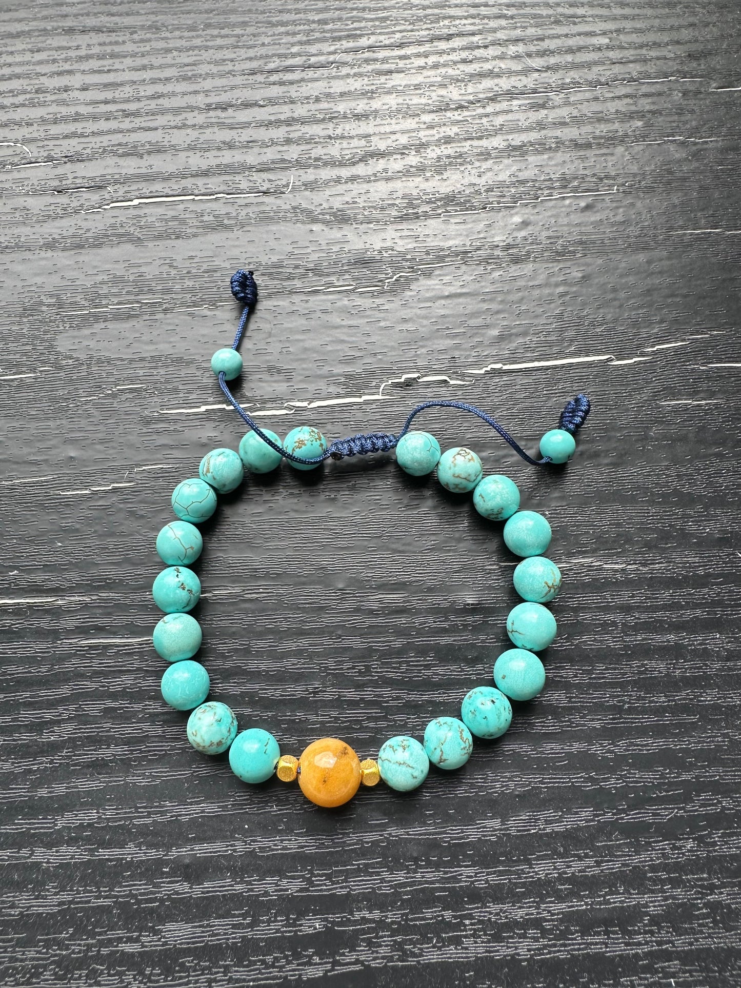 Bracelet For Men Natural Stone Beads 8mm Turquoise and one piece Yellow agate with 14k gold plated space in the middle with Stretch Bracelets Adjustable Bracelet for Men