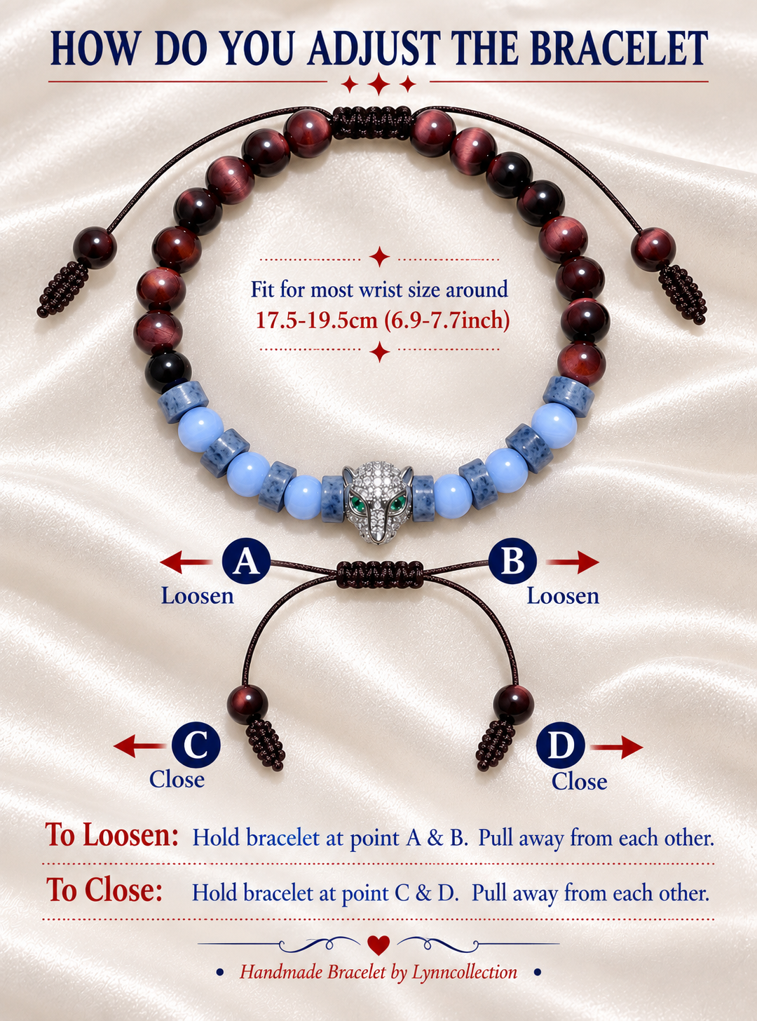 Handmade Bracelet for HIM OR HER.With  6mm Red Tiger’s eye, 6mm blue lace agate, Leopard Charms Spacer Bead, 2x6mm Blue and White Sodalite