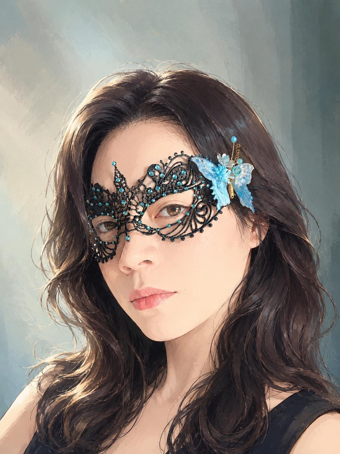 One of a Kind Blue Butterfly Mask, Handmade Black Lace Masquerade Mask, Venetian Eye Mask with Blue color Rhinestones