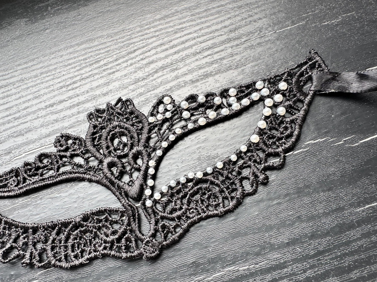 White Resin Pearls with Black soft  Lace Mask, Embroidery, Appliques, Black Mask, Party Mask, Wedding Mask, Halloween Mask