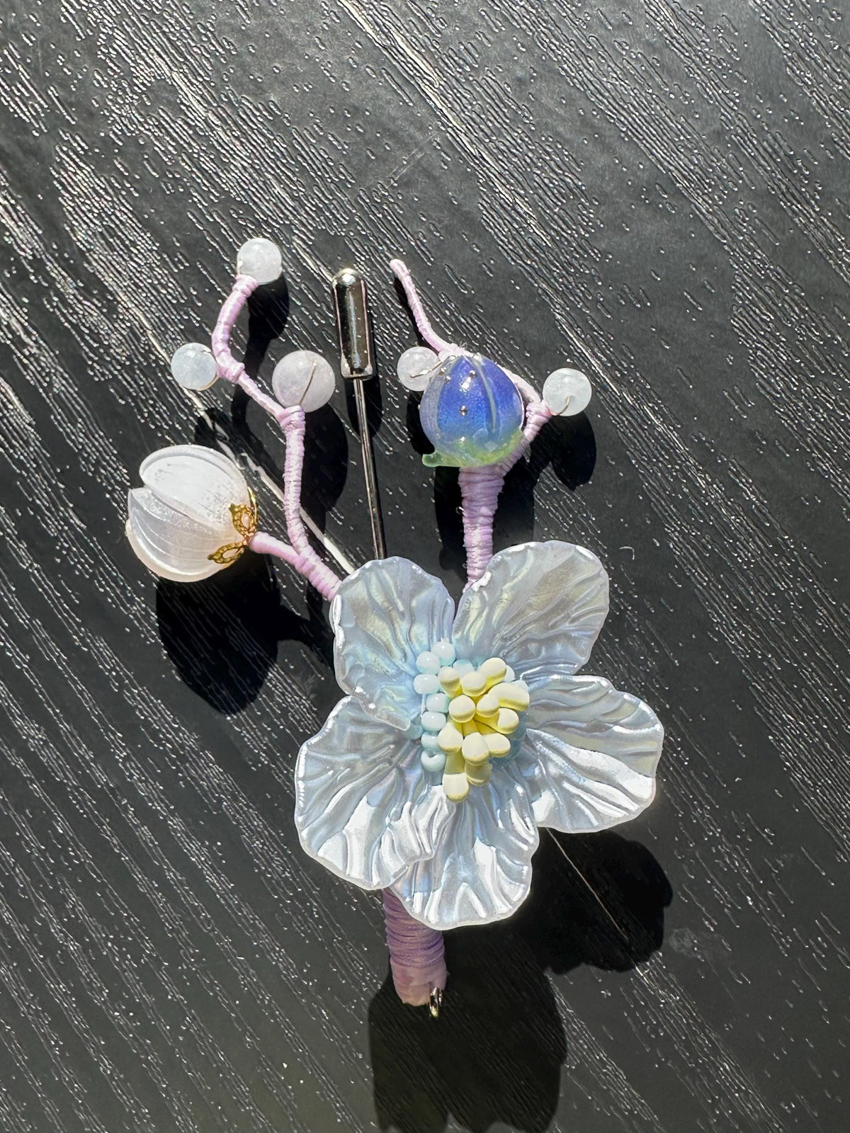 Handmade  brooch, Blue color acrylic beads and gemstone beads with silk thread