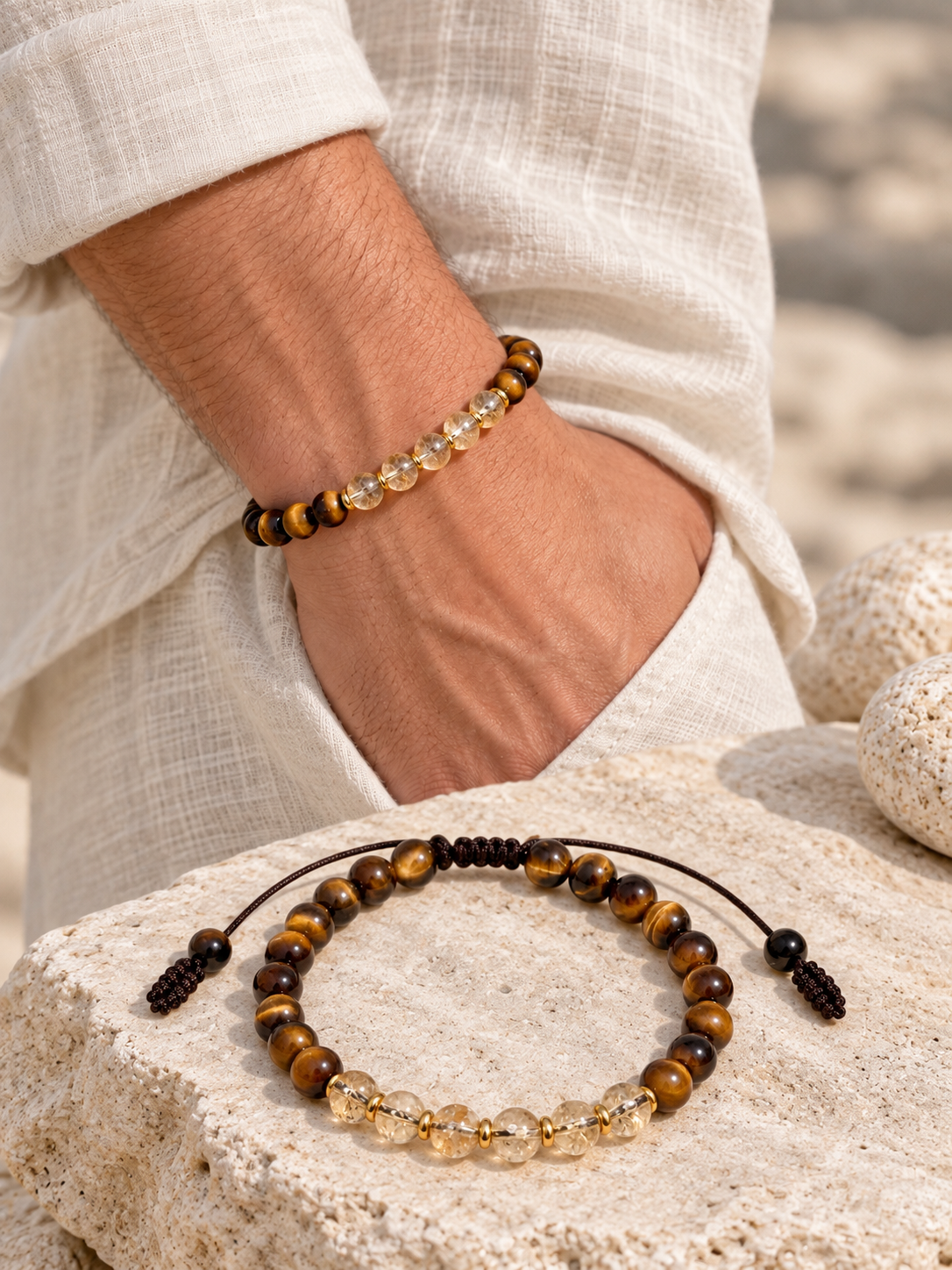 Handmade Bracelet for HIM OR HER. With  6mm yellow tiger’s eye, 6mm citrine crystal, 14K Gold Plated Spacer Beads, Adjustable knotted cord