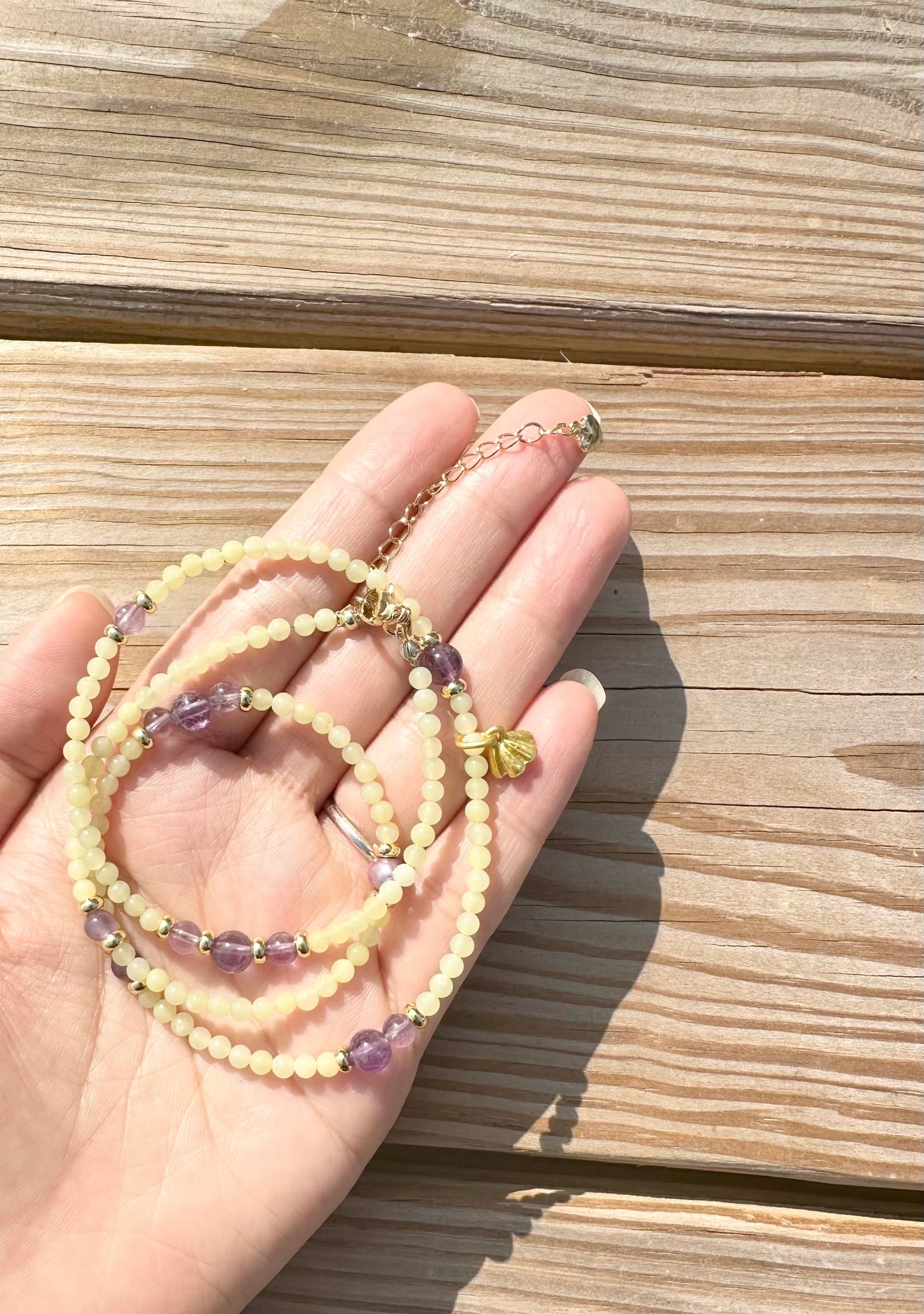 925 Sterling Silver gold plated with main stone 3mm Lemon jade, Amethyst , made three row bracelet and 18inch length necklace ( two in one)