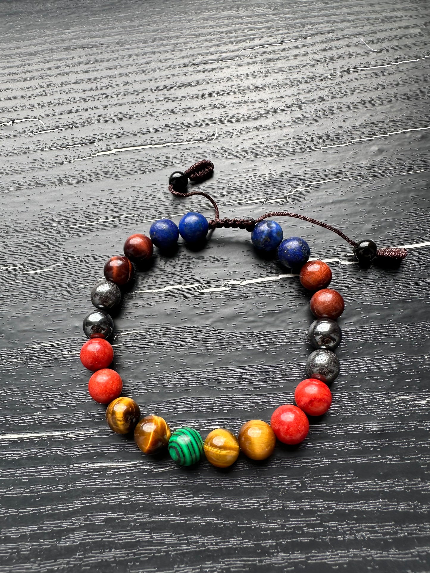 Bracelet For Men Natural Stone mixed Beads 8mm with Lapis Lazuli,Red Tiger eye,Hematite,Coral, Yellow Tiger Eye, one piece Malachite in the middle Stretch Bracelets Adjustable Bracelet for Men