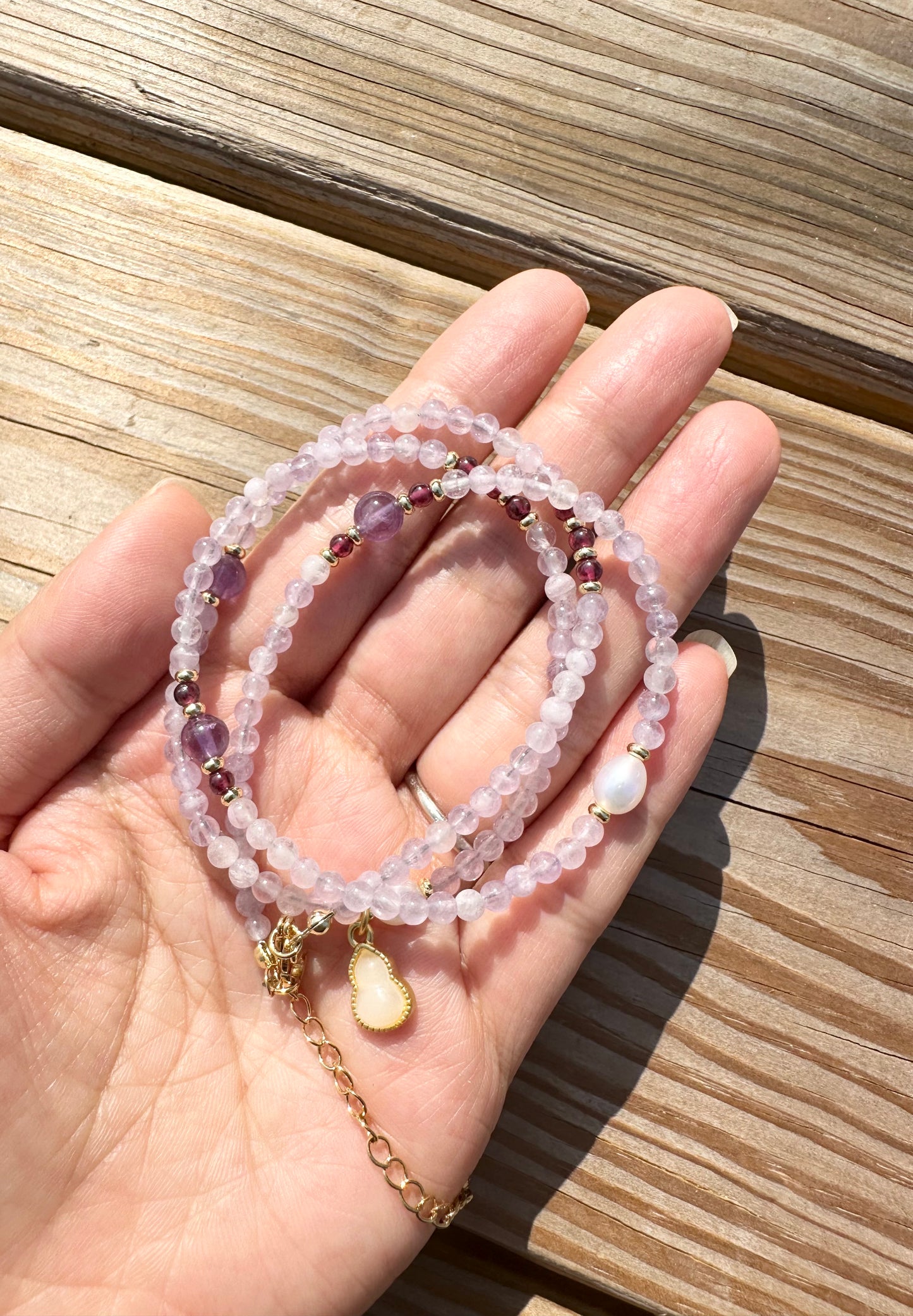 925 Sterling Silver gold plated with Natural Lavender Amethyst three row bracelet and necklace ( two in one)