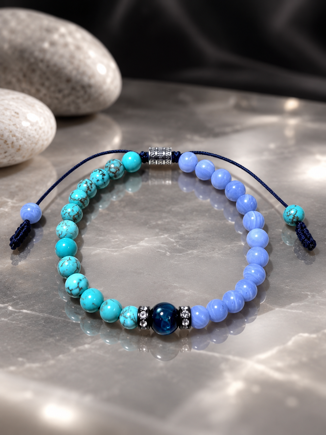 Handmade Bracelet for HIM OR HER. 6mm turquoise. 6mm blue lace agate, 8mm blue tiger’s eye. Zircon Rhinestone Beads Adjustable knotted cord