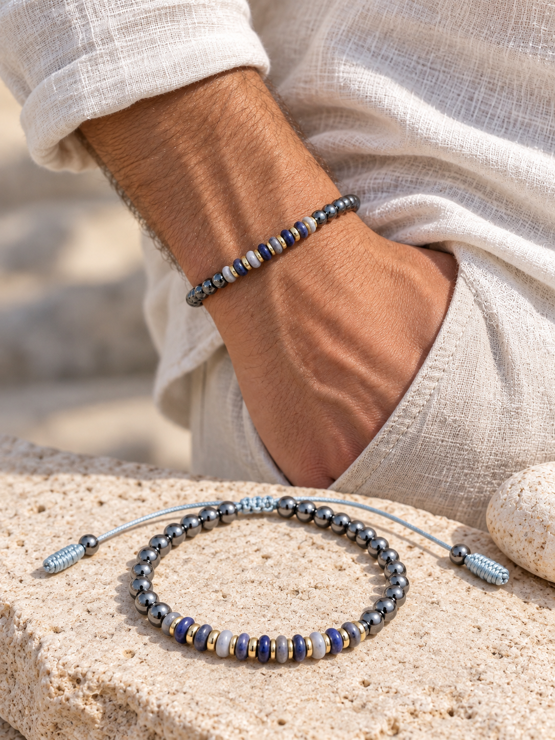Handmade Bracelet for HIM OR HER. Made with 4mm Black Hematite, 2x4mm Blue White Sodalite, 14k gold plated spacer, Adjustable knotted Cord