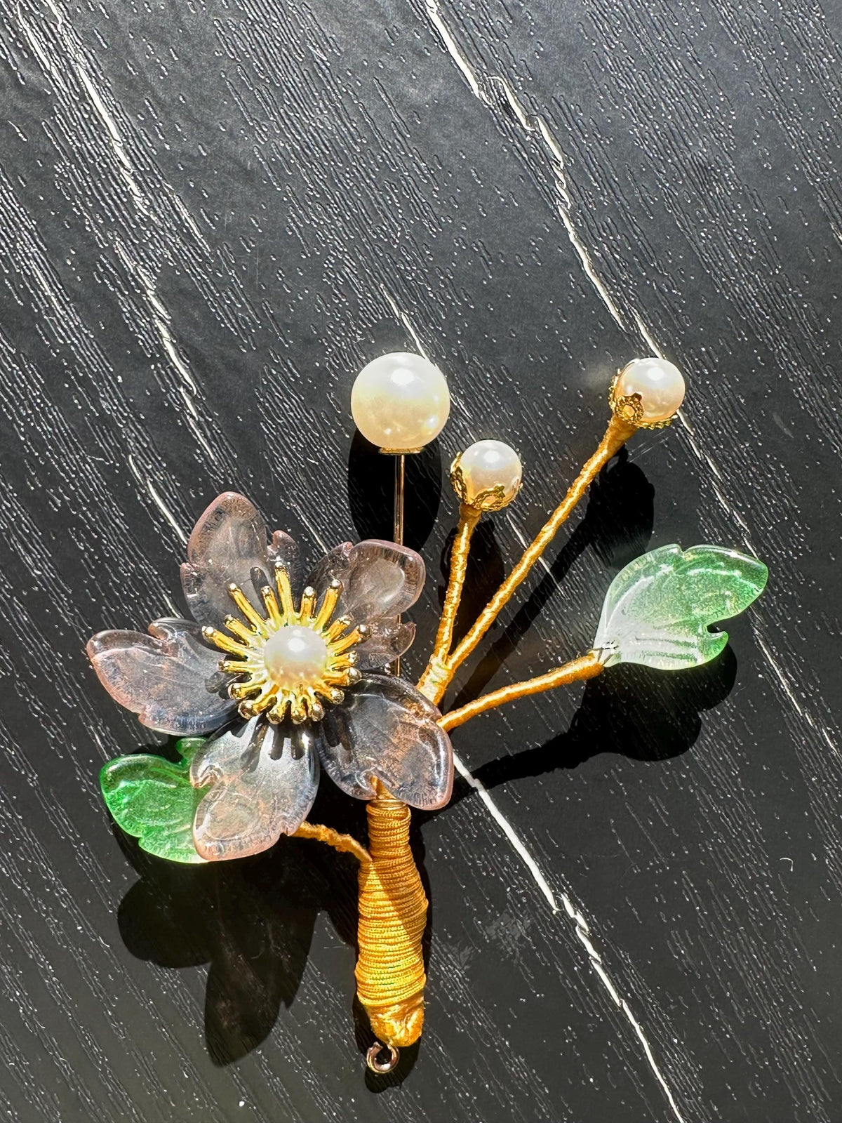 Handmade  brooch, gary color acrylic beads and gemstone beads with silk thread