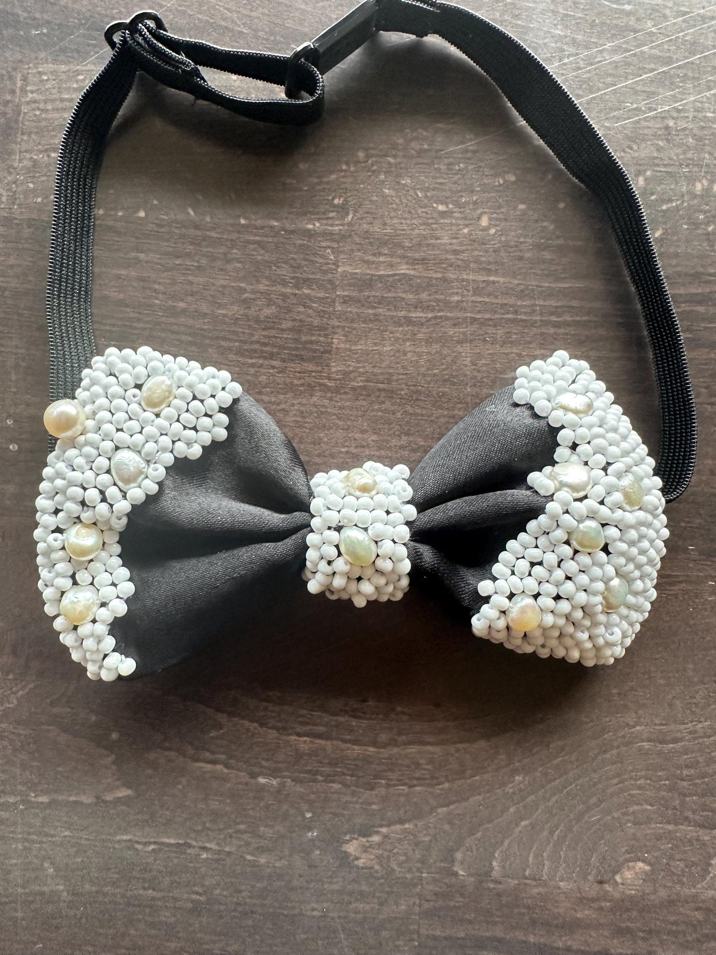Handmade Bow Tie,white glass beads and freshwater pearls Bow tie, Elegant Formal Neckwear, Wedding Groom Bow Tie,Statement Fashion Accessory