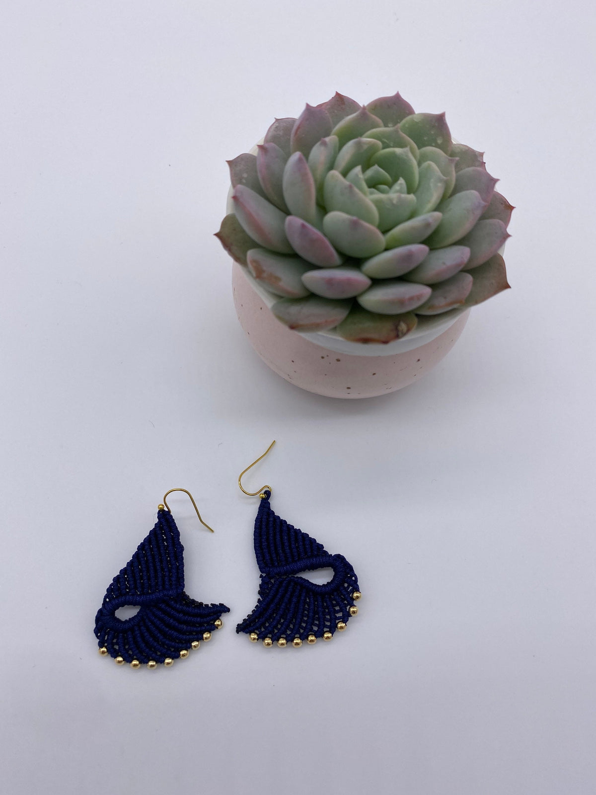 Navy Macrame Dangle Earrings: Bohemian Tribal Jewelry