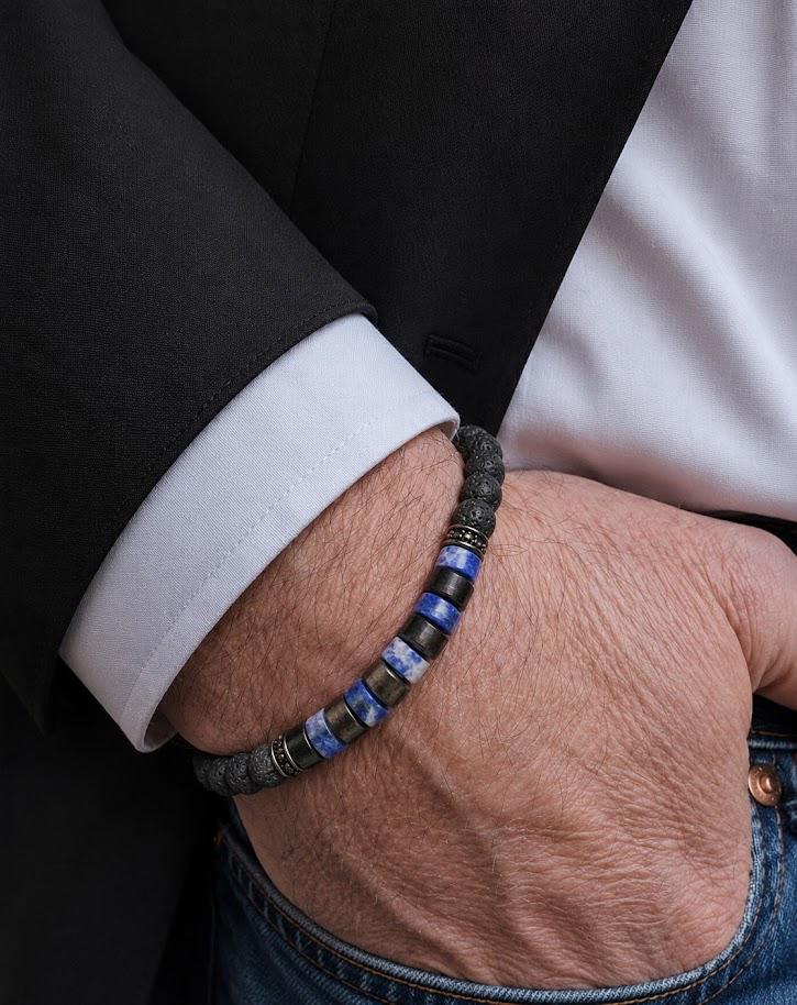 Lava Stone Beaded Bracelet for Men and Women – Sodalite, Lava Stone, Natural Ebony Wood, Beads Size: 6mm, Adjustable Length