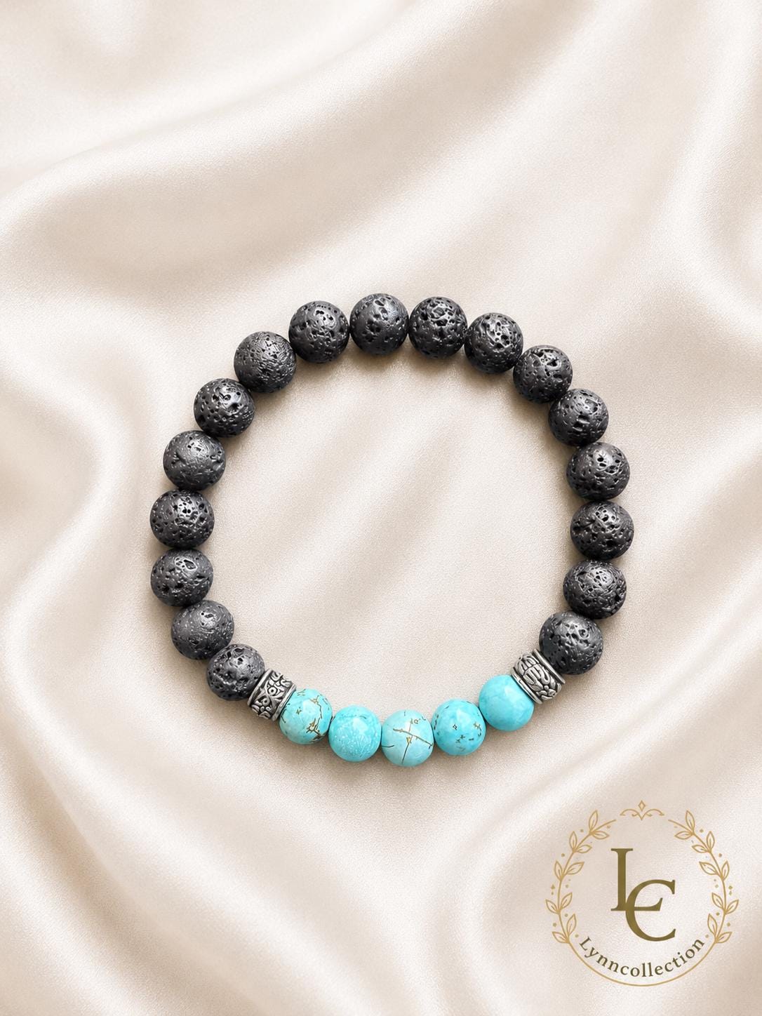 Lava Stone Beaded Bracelet with Turquoise ,Black Volcanic Stone Stretch Bracelet - Gemstone Bracelet for HIM AND HER.