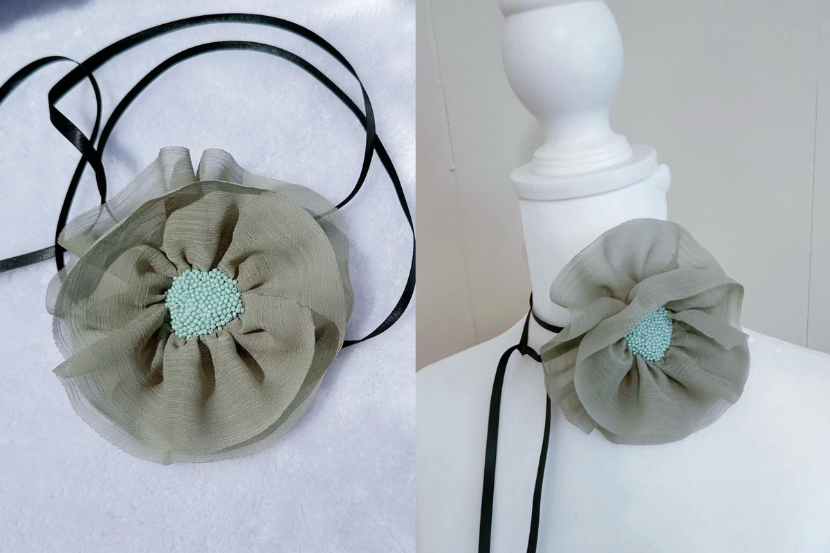 Handmade Peach Ribbon Flower Choker: Black Velvet Vintage Necklace