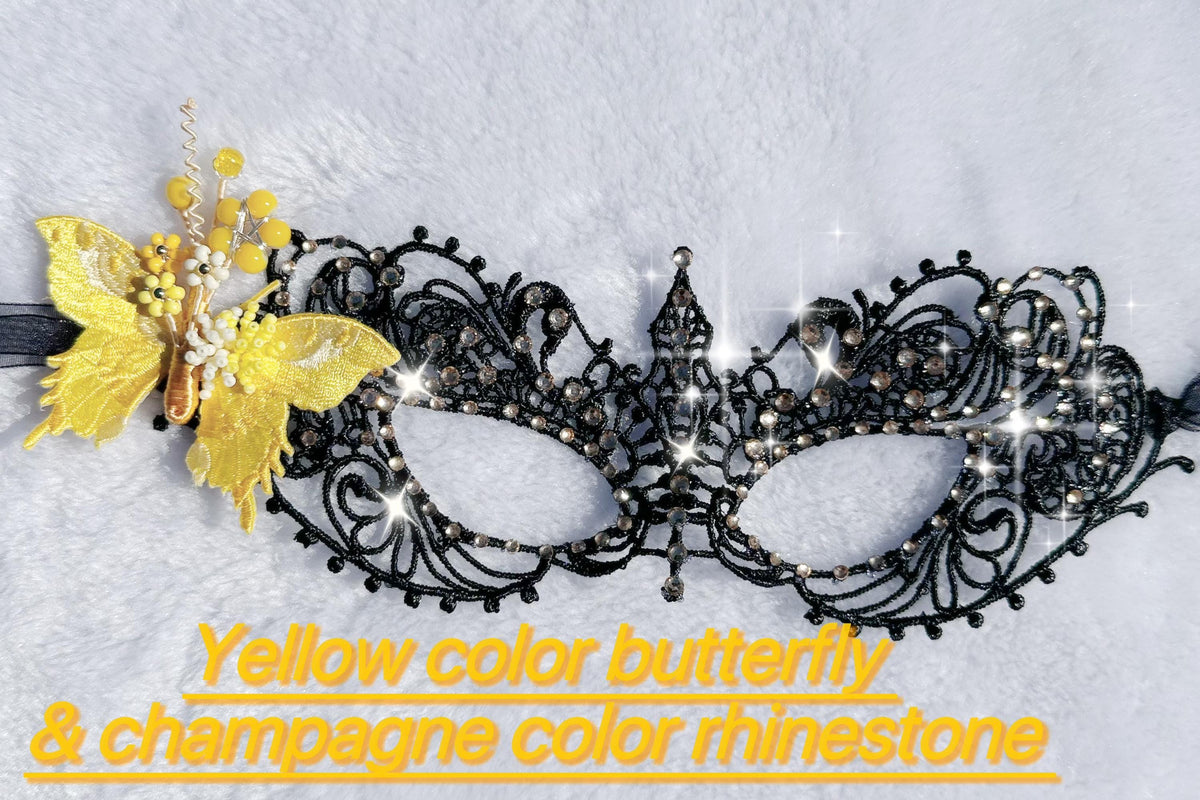 Handmade Yellow Butterfly Masquerade Mask, Black Lace Venetian Mask, Rhinestone  Eye Mask, Mardi Gras, Halloween Costume, Cosplay Accessory