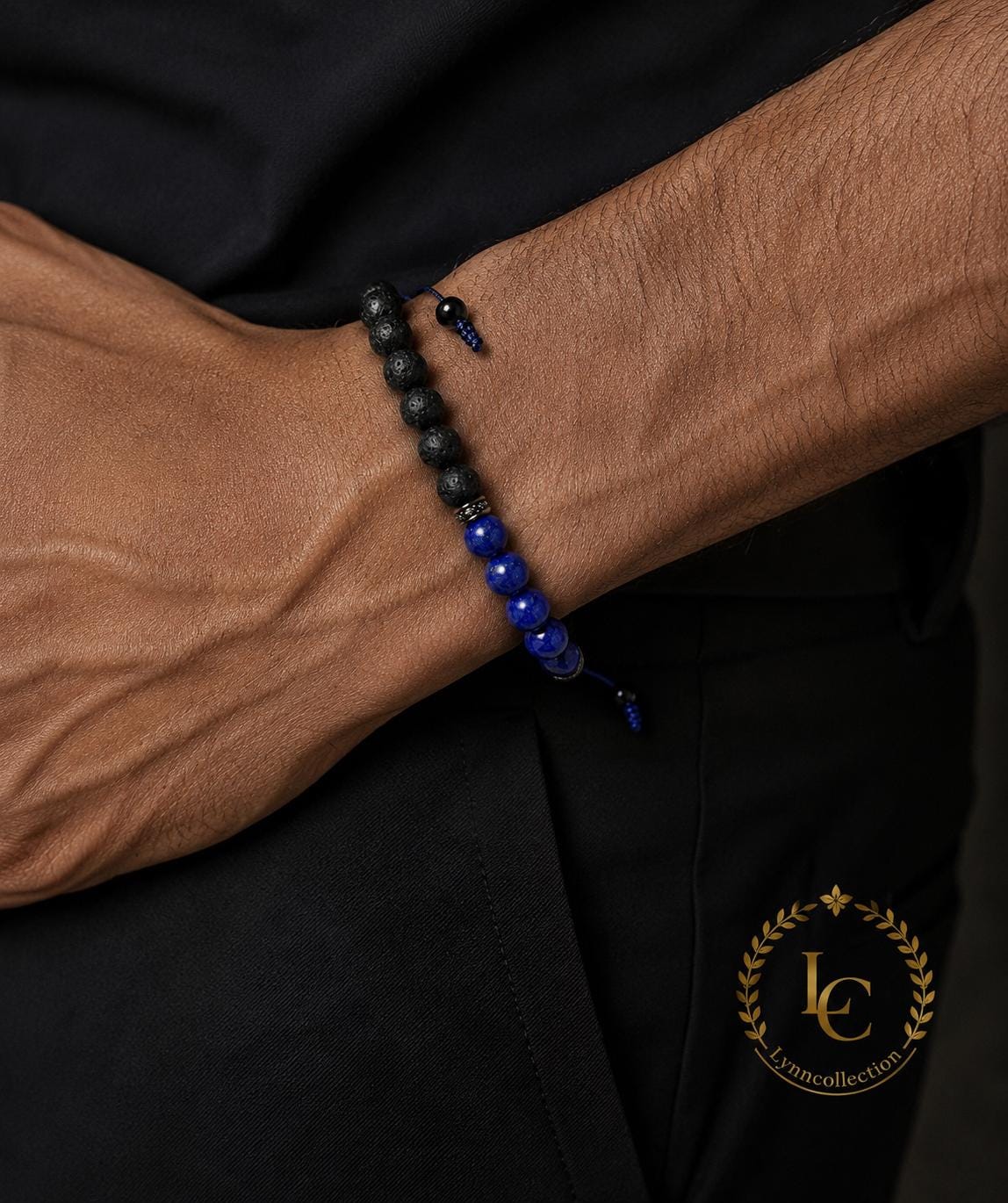 Gemstone Bracelet for HIM OR HER. Made it with Black Lava Stone,Lapis Lazuli, Adjustable Knotted Cord