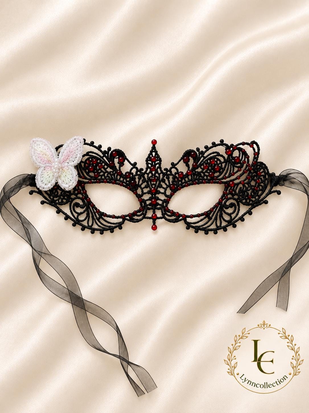 Lace Masquerade Mask, Red Rhinestone and Butterfly, Party Costume