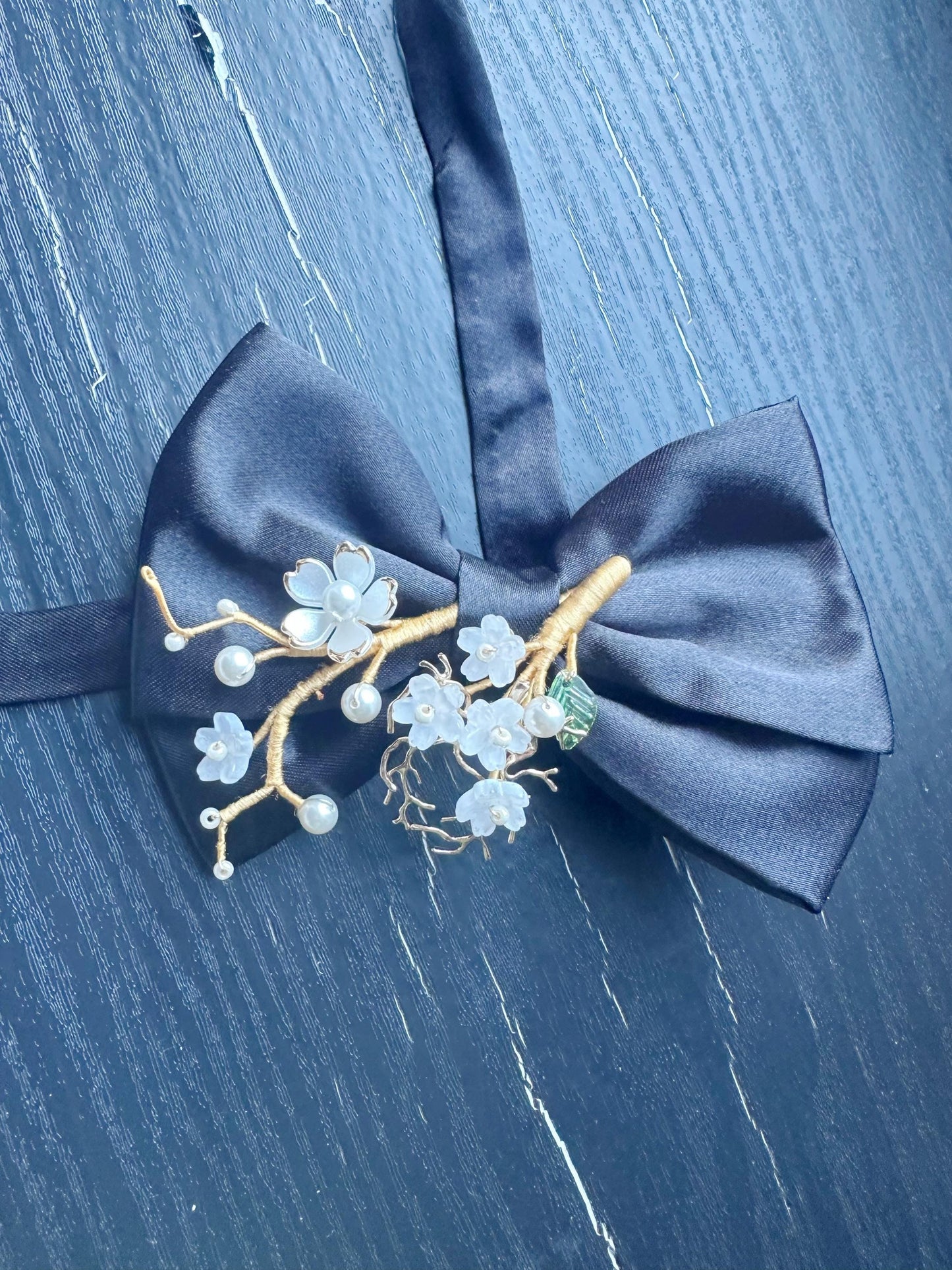 Handmade Bow Tie for women Men,Boys – Black Satin Bow Tie with white color Cherry Blossom Branch – Asian Inspired Wedding Formal Accessory