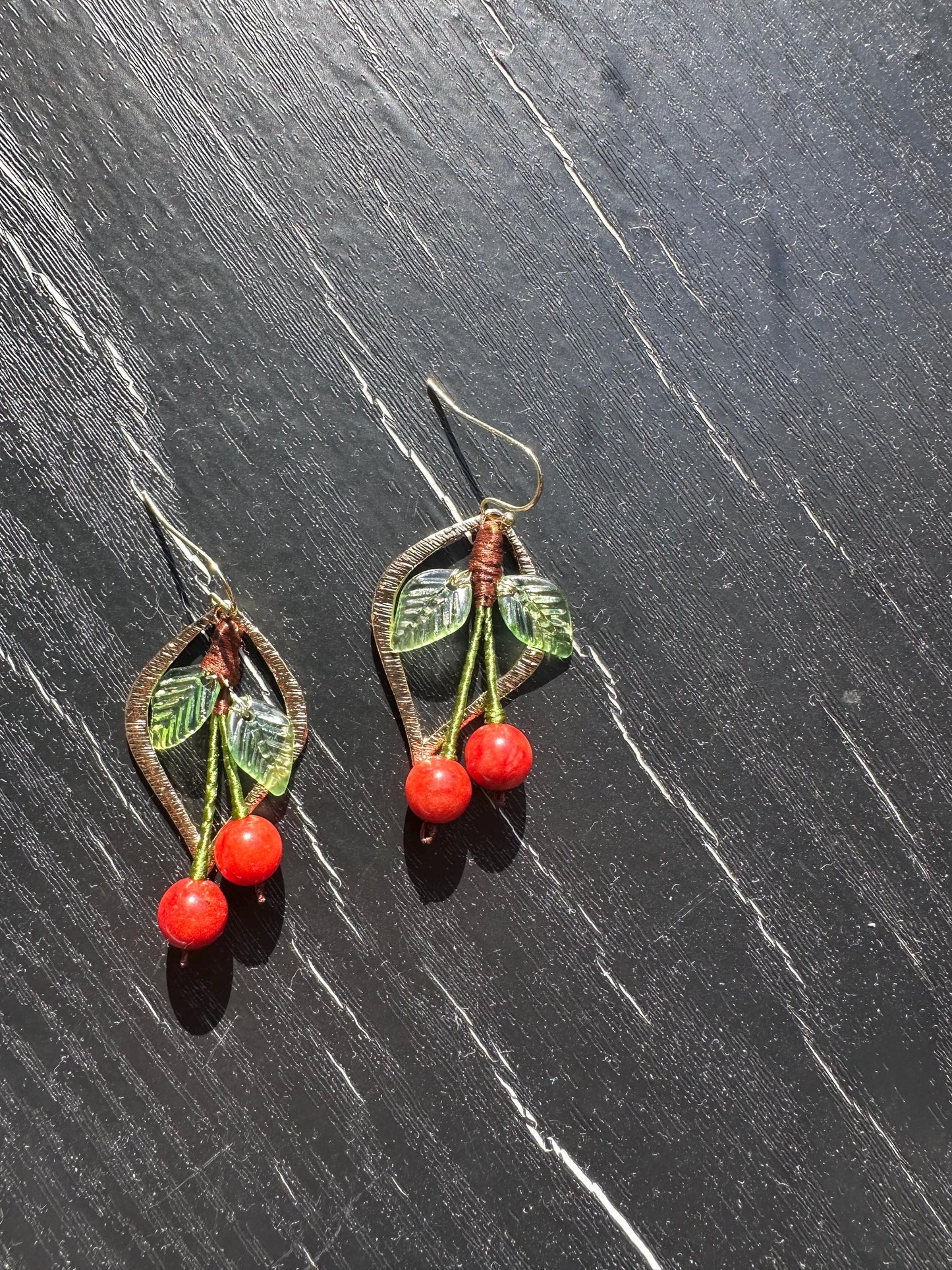 Handmade earing Gold Plated, made with gemstone cherry , size: 1 1/4” Length X 3/4” wide