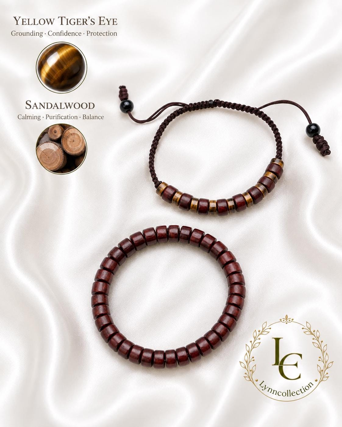 Bracelet for Him and Her, Yellow Tiger’s eye and sandalwood, Adjustable knot, two pieces bracelet